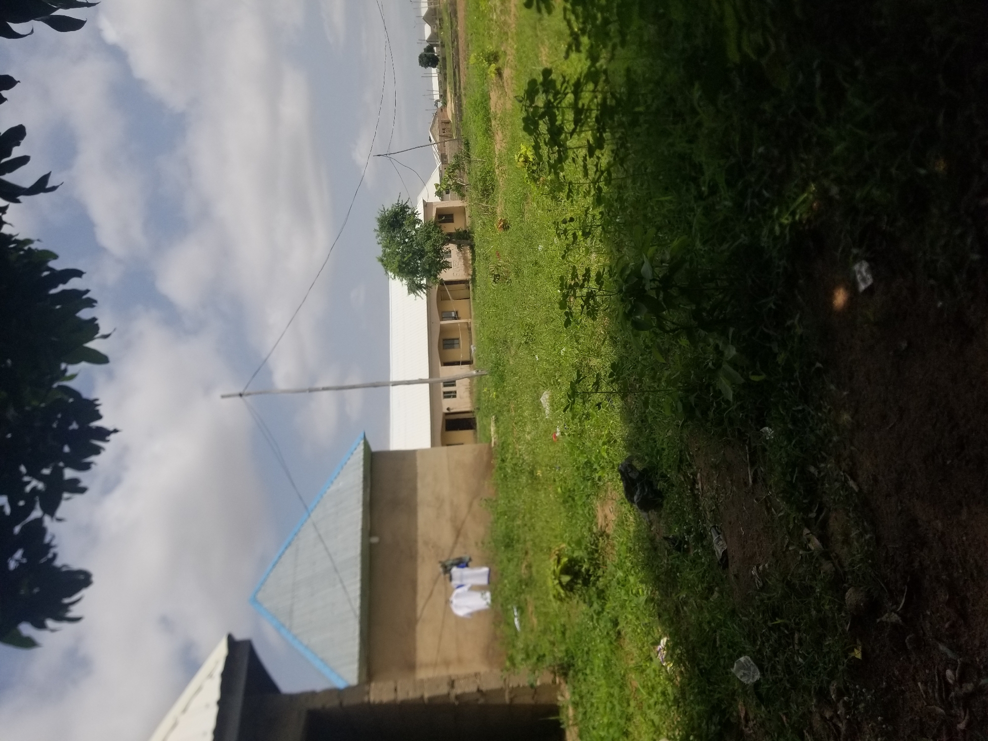 In the city of Jauro Yinu, Nigeria, a partially blurred outdoor scene depicts a collection of buildings and vegetation under a cloudy sky. In the foreground, lush green grass and some small plants cover the ground, with scattered debris including a black plastic bag, a crumpled plastic bottle, and other unidentifiable items. Two white garments are hanging on a clothesline attached to a tan-colored building with a light blue, corrugated metal roof. To the left of this building is a portion of another structure, primarily visible as a dark, rough-textured wall. Further in the background, a long, single-story building with a white roof and light yellow walls stretches across the frame, featuring visible windows and doorways. A solitary tree with green foliage stands between this long building and another smaller building further to the right. Several other buildings, some with white roofs, are visible in the distance. Power lines are strung across the sky, supported by poles. The overall impression is that of a residential or institutional area with ongoing construction or development, set within a rural or semi-rural environment.