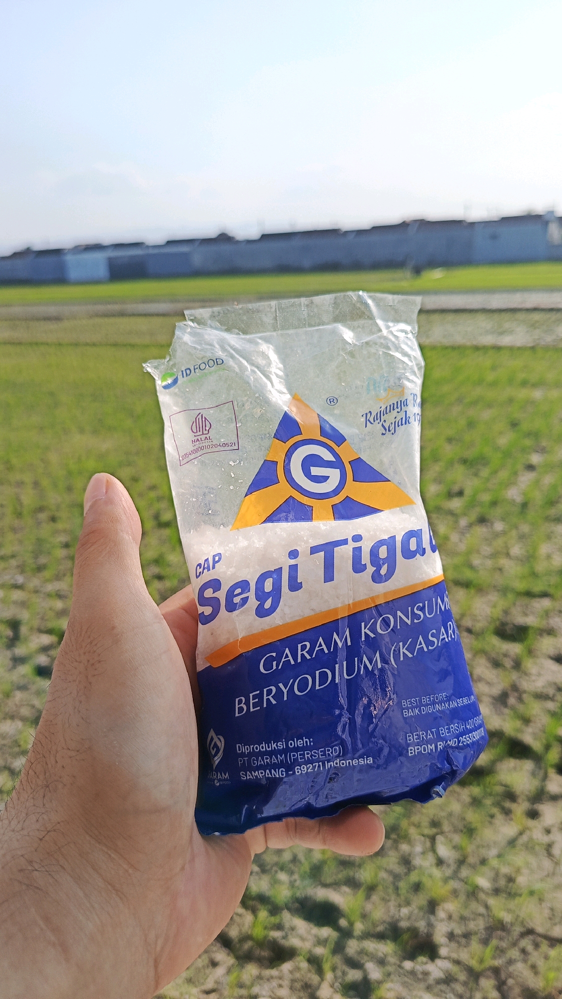 A person's hand, partially visible from the thumb and side of the index finger, holds a clear plastic bag of "Segi Tiga" iodized salt. The bag is predominantly white with blue and orange accents, featuring a triangular logo with a blue "G" inside it. Text on the bag includes "CAP Segi Tiga", "GARAM KONSUM...", "BERYODIUM (KASAR)", "Diproduksi oleh: PT GARAM (PERSERO) SAMPANG - 69271 Indonesia", "BEST BEFORE:", and "BERAT BERSIH 400 GRAM". The bag is slightly crinkled and appears to contain white salt granules. The background depicts a bright, sunny day with a clear sky and distant, low-lying structures resembling warehouses or industrial buildings. In the mid-ground, there is a green field, likely a rice paddy, characteristic of the rural landscape around Babadan, Indonesia. The lighting suggests it is daytime, possibly morning or afternoon, with the sun casting minimal shadows.