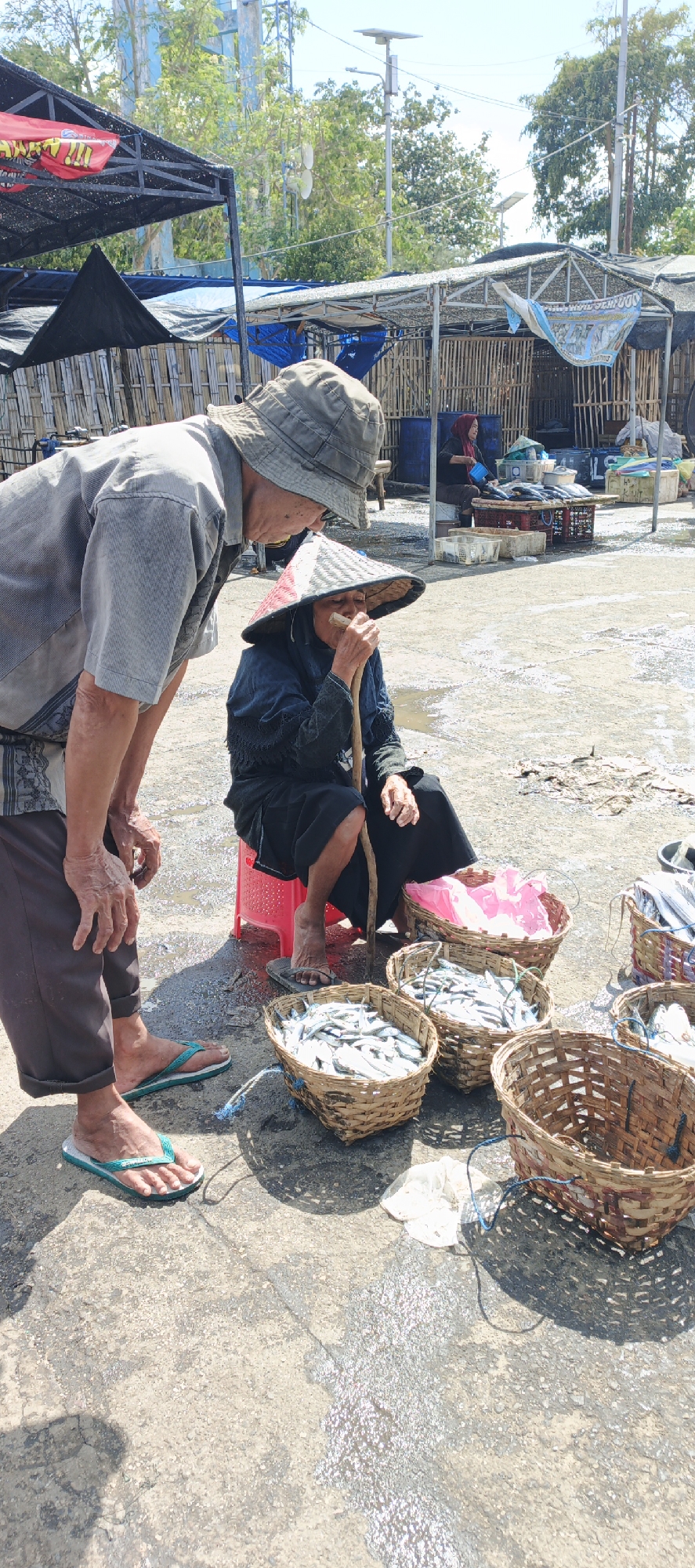 Two individuals, an older man wearing a bucket hat and a woman wearing a conical hat, are at a fish market. The man is standing, leaning over and looking at the woman, who is seated on a red stool and holding a wooden stick. Both are looking down, and the woman appears to be speaking or gesturing with the stick. In front of the woman are several woven baskets filled with small fish, and a pink plastic bag. The ground is wet and appears to be concrete, with puddles reflecting the sunlight. In the background, there are market stalls constructed with bamboo and covered with tarps. The overall scene suggests a marketplace environment in Puger, Indonesia, possibly engaged in the selling or sorting of fish.
