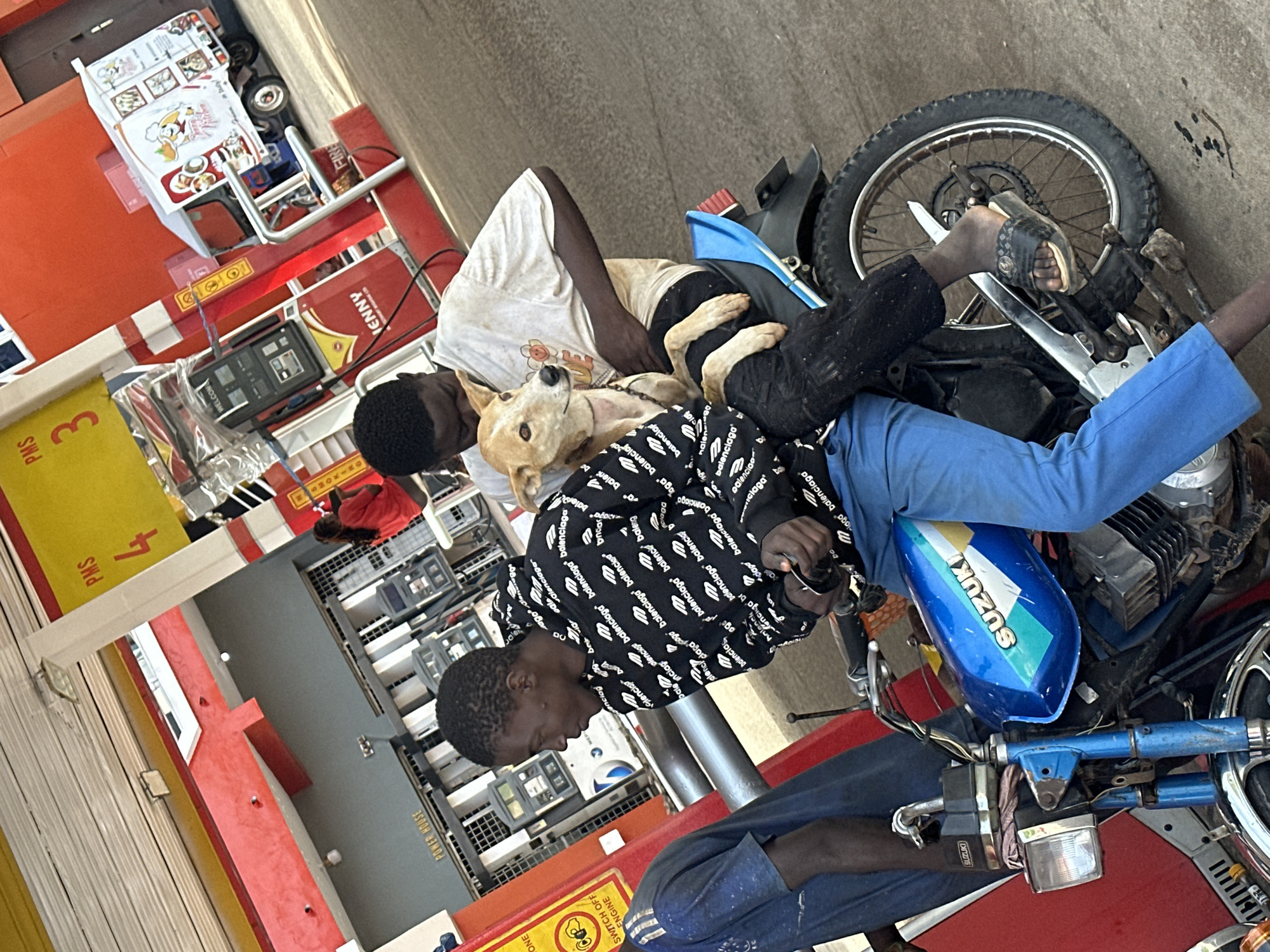 This media file captures a scene at a gas station in Gura Top, Nigeria. Two young Black men are interacting with a dog and a motorcycle. One man, wearing a white t-shirt, is holding a light-colored dog, which is resting on his lap and the lap of the other man. The second man, dressed in a black hoodie with a repeating white logo pattern and blue trousers, is leaning over the motorcycle. The motorcycle itself is predominantly blue and red, with "SUZUKI" visible on the blue fuel tank.
The setting appears to be an outdoor gas station. There are visible gas pumps with screens and hoses. A prominent red structure with yellow and white stripes is present, suggesting it's part of the station's infrastructure. In the background, there are rows of what seem to be vending machines or storage units. Signs with text like "PMS" (Premium Motor Spirit), "FIRE," "SWITCH OFF ENGINE," and "POWER HOUSE" are visible, confirming the location as a service station.
The overall atmosphere seems casual, with the men appearing relaxed as they interact with the dog and the motorcycle. The lighting suggests it could be daytime, possibly morning or afternoon, with no strong indications of specific weather conditions. The focus is on the immediate interaction between the people, the dog, and the motorcycle within the functional environment of the gas station.