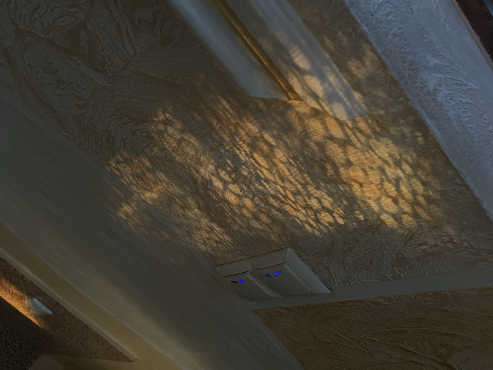 The image displays an interior wall section within a structure located in Tarnivtsi, Ukraine. The perspective is tilted approximately 45 degrees clockwise. The wall is covered with textured wallpaper featuring a light beige or cream base color and subtle, raised patterns. Mounted vertically on the wall are two white, rectangular electrical light switches. Each switch has a small, illuminated blue LED indicator light, suggesting they are currently engaged or powered. A prominent pattern of warm, golden-orange light and shadow is cast across the textured wallpaper. This light pattern is irregular and dappled, indicating illumination from a source filtered through an obstruction, such as blinds or foliage. A white architectural molding or trim piece runs horizontally along the top edge of the wall section depicted. Another vertical white trim piece is visible along the right edge of the frame. In the upper-left corner, a small portion of a darker, granular surface and a small, light-colored object are visible. No individuals or active events are present in the scene.
