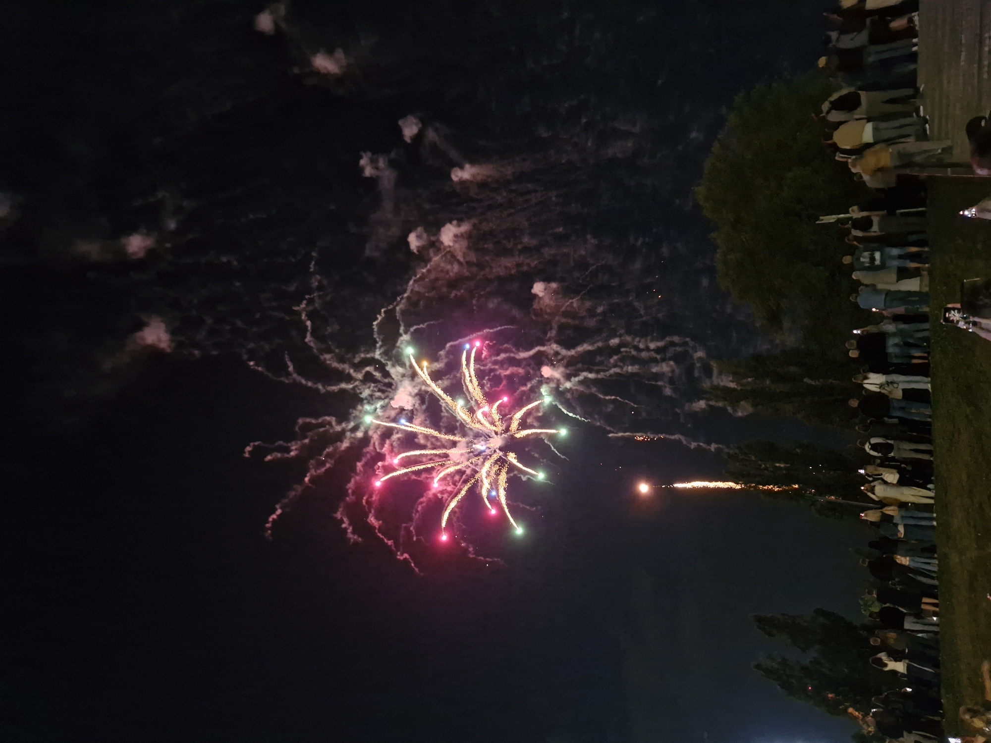 A fireworks display is occurring at night. A large, multi-colored firework explodes in the upper left quadrant of the image, with streaks of pink, green, and yellow light against a dark sky. Smoke trails from the firework, dissipating upwards and to the right. A smaller, single streak of golden light ascends vertically in the lower left portion of the image.
Below the fireworks, a crowd of people is gathered on a grassy slope, facing the sky. They are silhouetted against the night and the light of the fireworks, making individual features difficult to discern. Many individuals are holding up phones, presumably to capture photographs or videos of the event. The people are standing relatively close together, indicating a shared viewing experience.
In the background, several trees are visible, their dark forms silhouetted against the night sky and the glow of the fireworks. The overall environment appears to be an outdoor public space, possibly a park or an open area within the city of Klaipėda, Lithuania, where such events are commonly held. The ground in the foreground is a grassy slope, with some indications of a paved or raised area at the bottom of the frame where some people are standing.