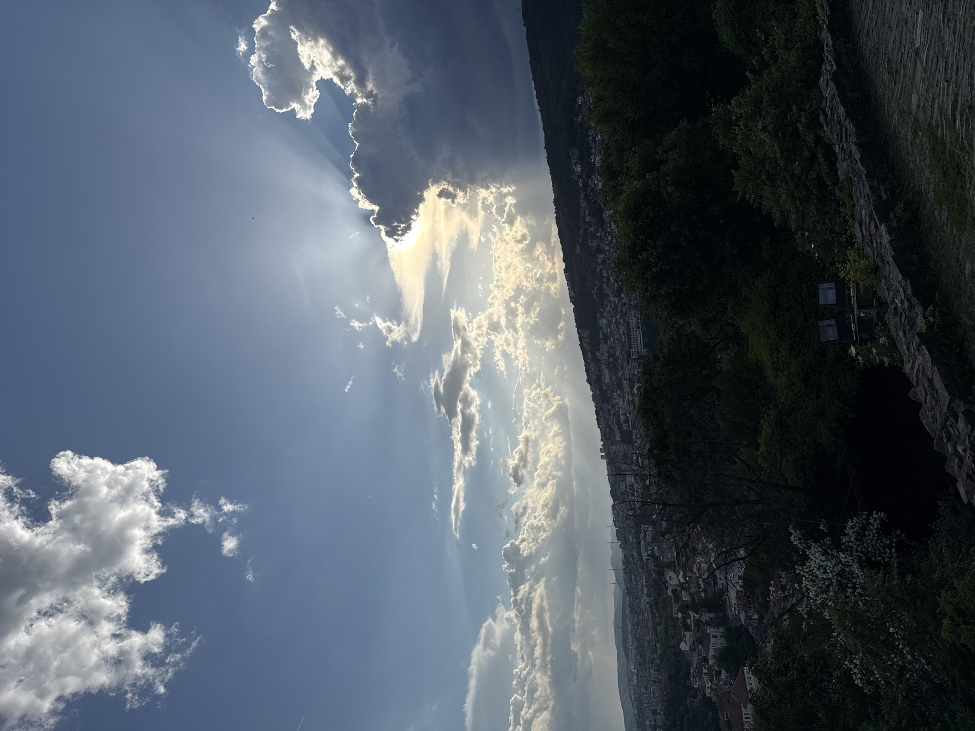 The image shows a landscape in Veliko Tarnovo, Bulgaria, featuring a bright sky with scattered cumulus clouds, some casting rays of sunlight. A cityscape of closely packed buildings extends along the mid-ground. A tree-covered hillside rises to the upper right, transitioning to a stone retaining wall and shrubbery in the immediate foreground.