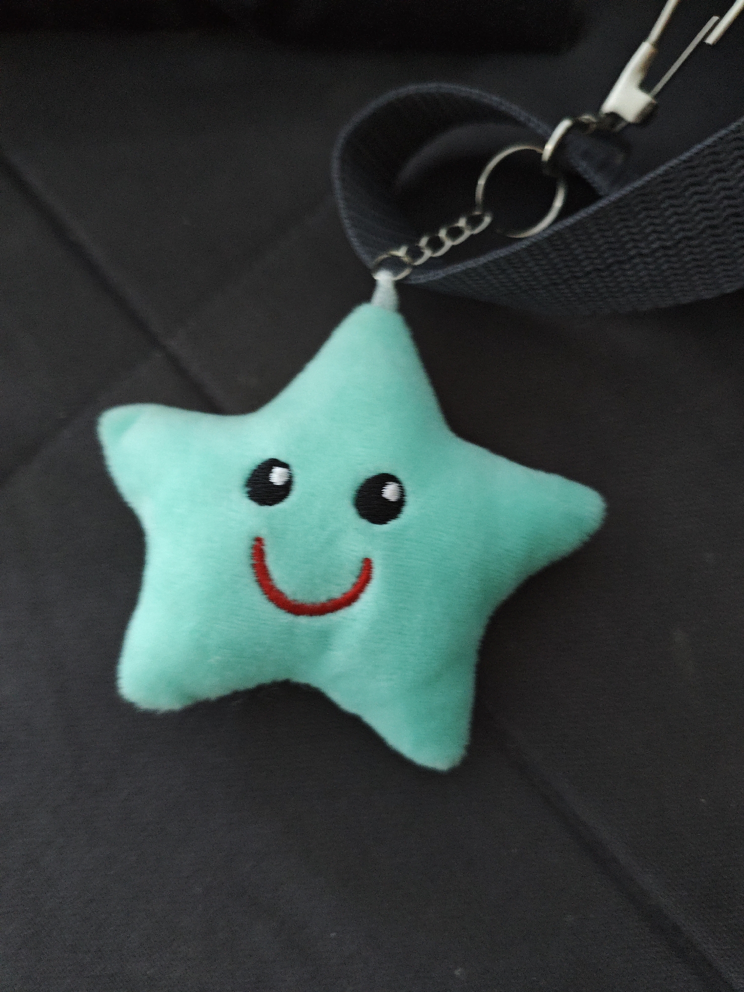 The image shows a close-up, high-angle shot of a teal-colored plush star keychain with a smiling face. The star has two black button eyes and a red embroidered smiling mouth. It is attached to a thin silver chain that connects to a larger metal ring, which is then attached to a dark grey woven strap. A silver carabiner clip is also attached to the strap. The background is a dark, textured surface, possibly upholstery or fabric. The lighting suggests an indoor setting. The scene does not contain any recognizable landmarks or elements that would indicate its location in Alushta, Ukraine.