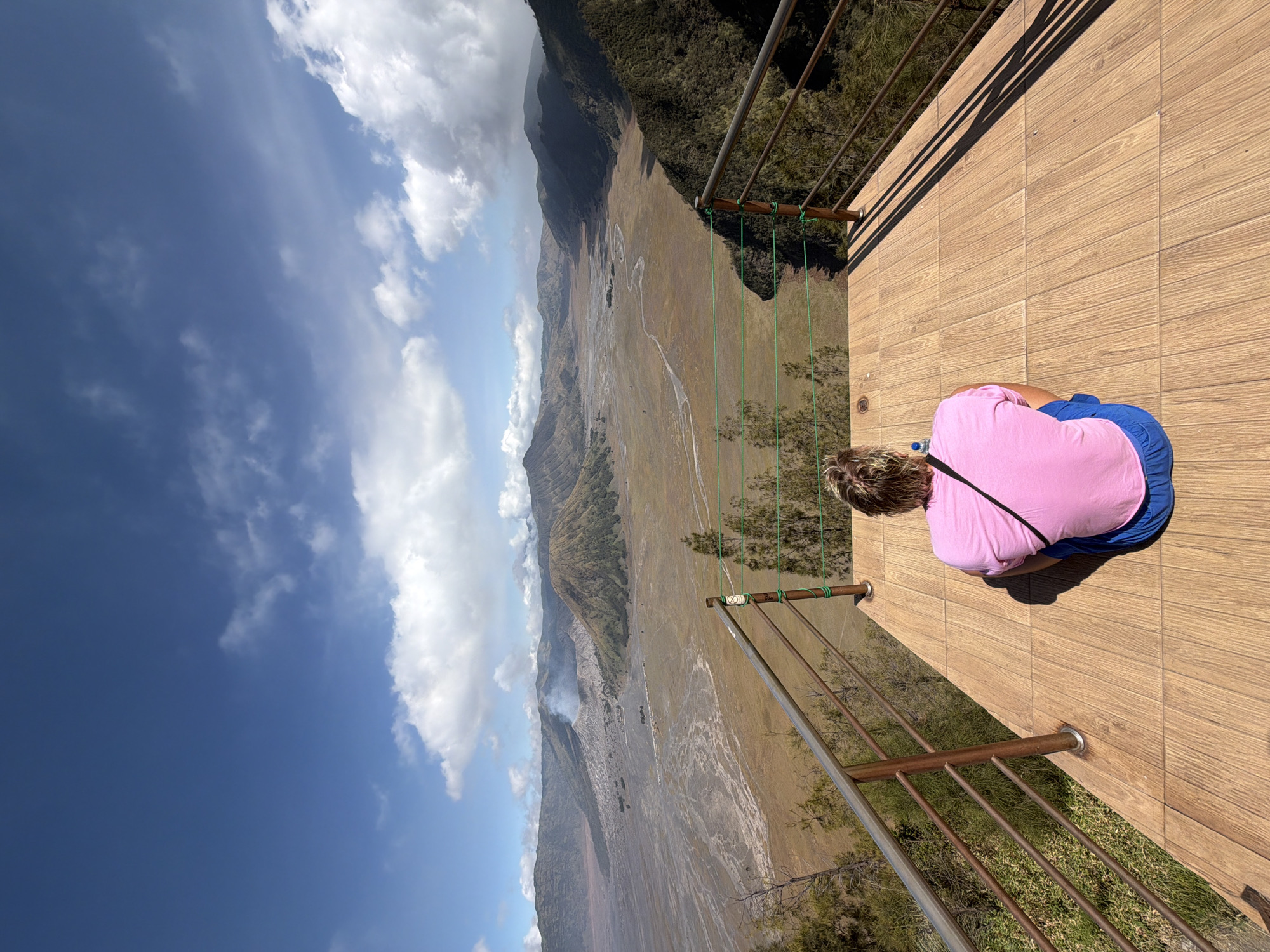 The image depicts a person sitting on a wooden platform, facing a vast volcanic landscape. The person, viewed from behind, is wearing a pink t-shirt and blue shorts. They are seated facing away from the camera, looking out at the valley. The platform is made of light-colored wooden planks and has a metal railing on the sides.
The landscape beyond the platform is a wide, arid valley with a meandering dry riverbed or sand flow. In the distance, there are several volcanic cones, one of which is emitting a plume of smoke. The terrain is characterized by barren, earthy tones with sparse vegetation on the surrounding hills. The sky above is blue with scattered white clouds.
This scene is characteristic of the viewpoint overlooking the Sea of Sand at Mount Bromo, near the village of Cemorolawang, Indonesia. Cemorolawang is a popular tourist destination known for its access to the Bromo Tengger Semeru National Park, offering panoramic views of the volcanic complex.