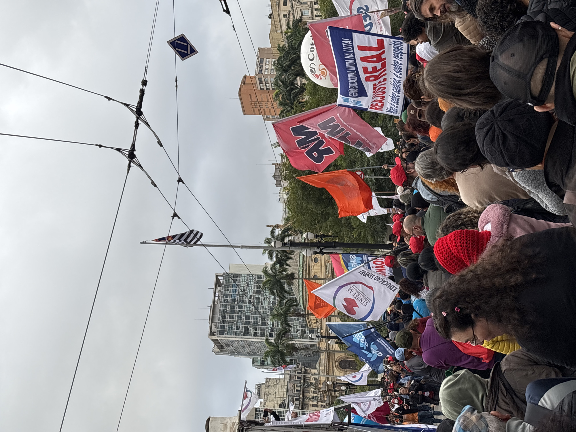 The image shows a large gathering of people, likely a protest or rally, in what appears to be a public square in São Paulo, Brazil. Numerous flags and banners are held aloft, indicating a collective cause or message. The banners contain text in Portuguese, including "REAJUSTE REAL" (Real Adjustment) and "GESTÃO EDUCACIONAL UNIDA NA LUTA!" (United Educational Management in the Fight). Other flags and banners display logos and names of organizations like "SINPEEM" and "WM". The crowd is dense, with individuals of diverse ages and appearances. In the background, there are buildings, palm trees, and what appears to be a monument or architectural structure. Overhead electrical lines and a traffic signal are visible. The sky is overcast, suggesting a cloudy day. The overall scene conveys a sense of collective action and public expression of social or political views.