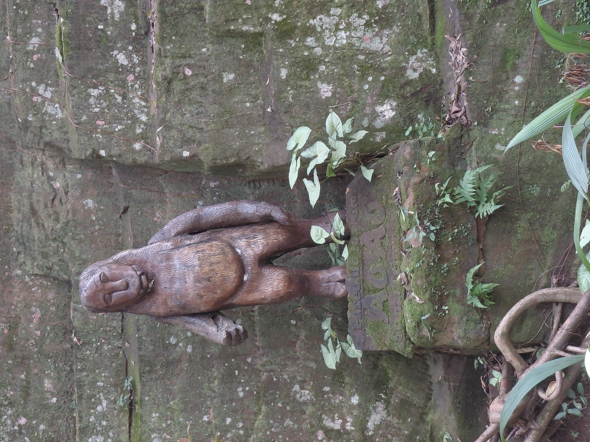 A wooden statue resembling a standing, fur-covered humanoid with a primitive facial structure stands on a moss-covered stone pedestal. The statue is positioned against a backdrop of a rocky, tiered cliff face overgrown with moss and vegetation. Green plants grow around the base of the statue and on the cliff. The statue is carved with visible wood grain texture and has a somewhat hunched posture, with its left hand held forward. The environment suggests an outdoor, natural setting, likely in a park or garden area within Trinidad, Paraguay.