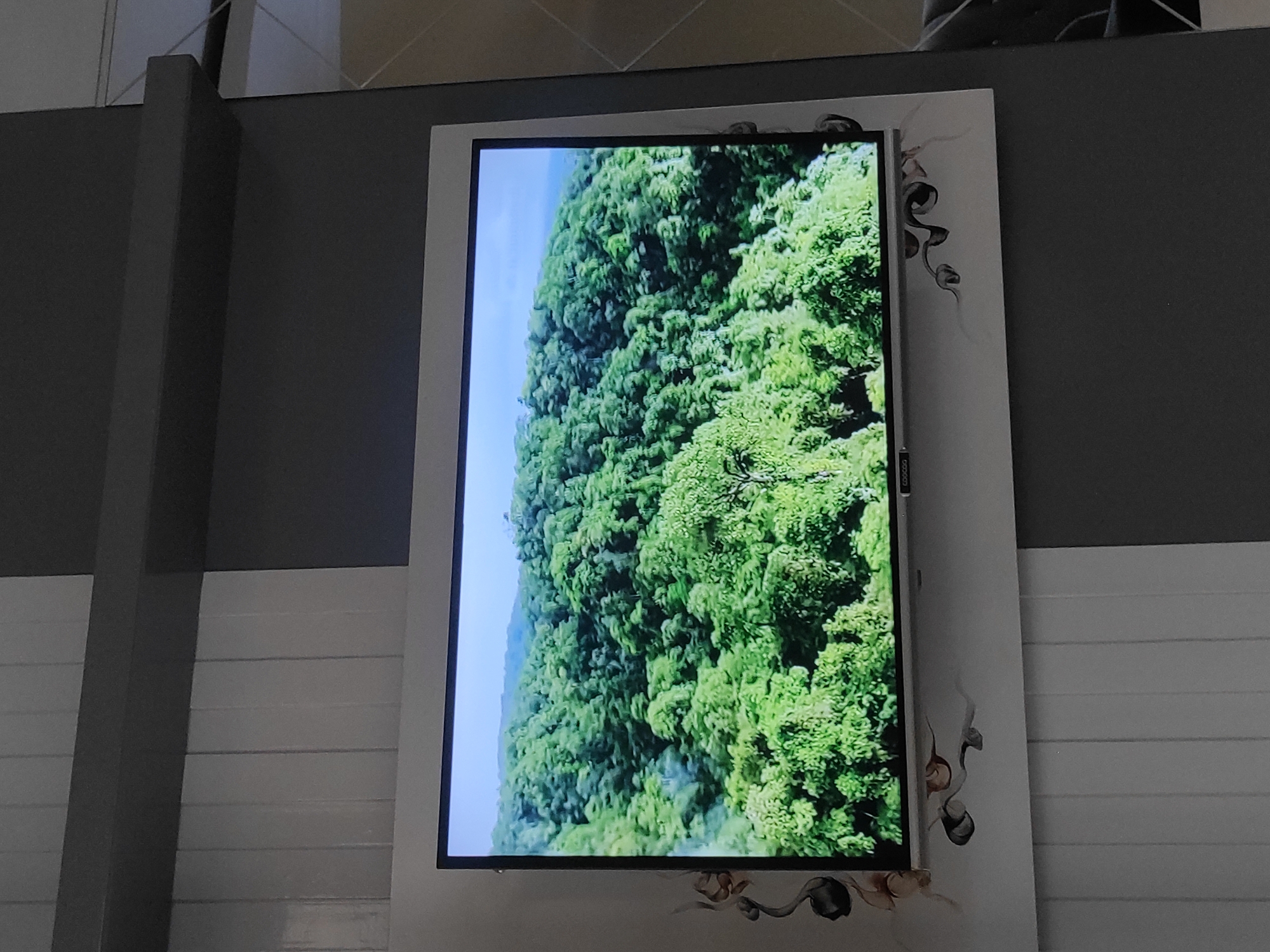 The image displays a modern flat-screen television mounted on a wall. The television screen is showing a vibrant aerial view of a lush, dense green forest with rolling hills in the background under a clear, pale blue sky. The wall itself is decorated with a two-tone design, featuring a vertical split between a light grey section and a darker grey section. The television is framed by a white border, and the wall beneath it has a white panel with a decorative floral or organic motif in grey and black tones. A small, silver brand logo "COOCAA" is visible on the bottom edge of the television bezel. The overall scene suggests an indoor setting, likely a living room or common area, in a home or establishment. There are no people visible in the image, and no specific details of the location within Sumedang, Indonesia are provided beyond what can be inferred from the general environment depicted.