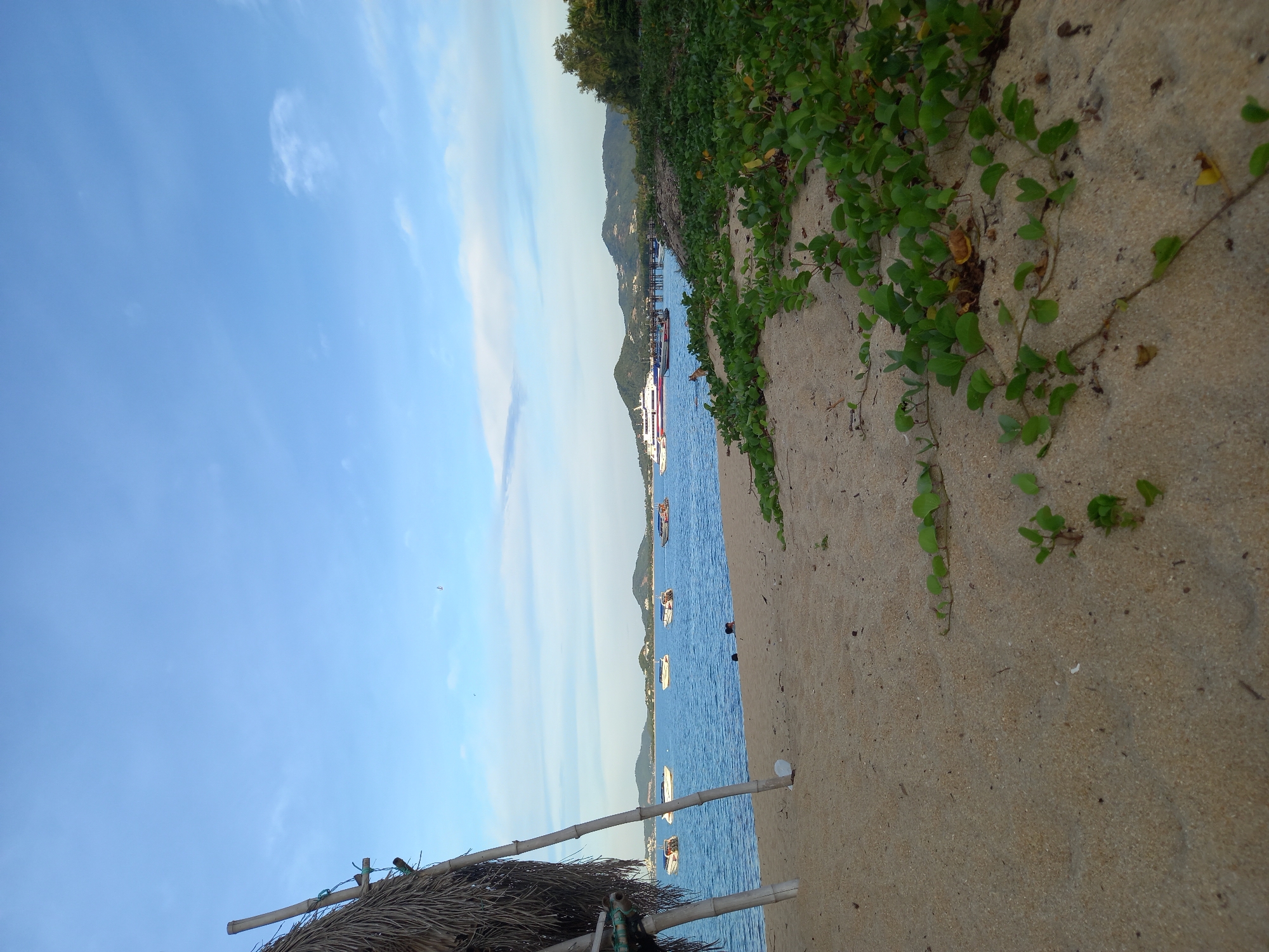 The image depicts a beach scene in Baan Tai, Thailand. The foreground is a sandy beach with low-lying green vegetation growing on the sand. To the left, a thatched roof structure supported by bamboo poles is partially visible. In the middle ground, the calm blue water of the sea is dotted with several small white boats and one larger white ferry with red accents. The background features a chain of green, hilly islands. The sky is a clear blue with a few wispy white clouds. The overall impression is a serene coastal environment.