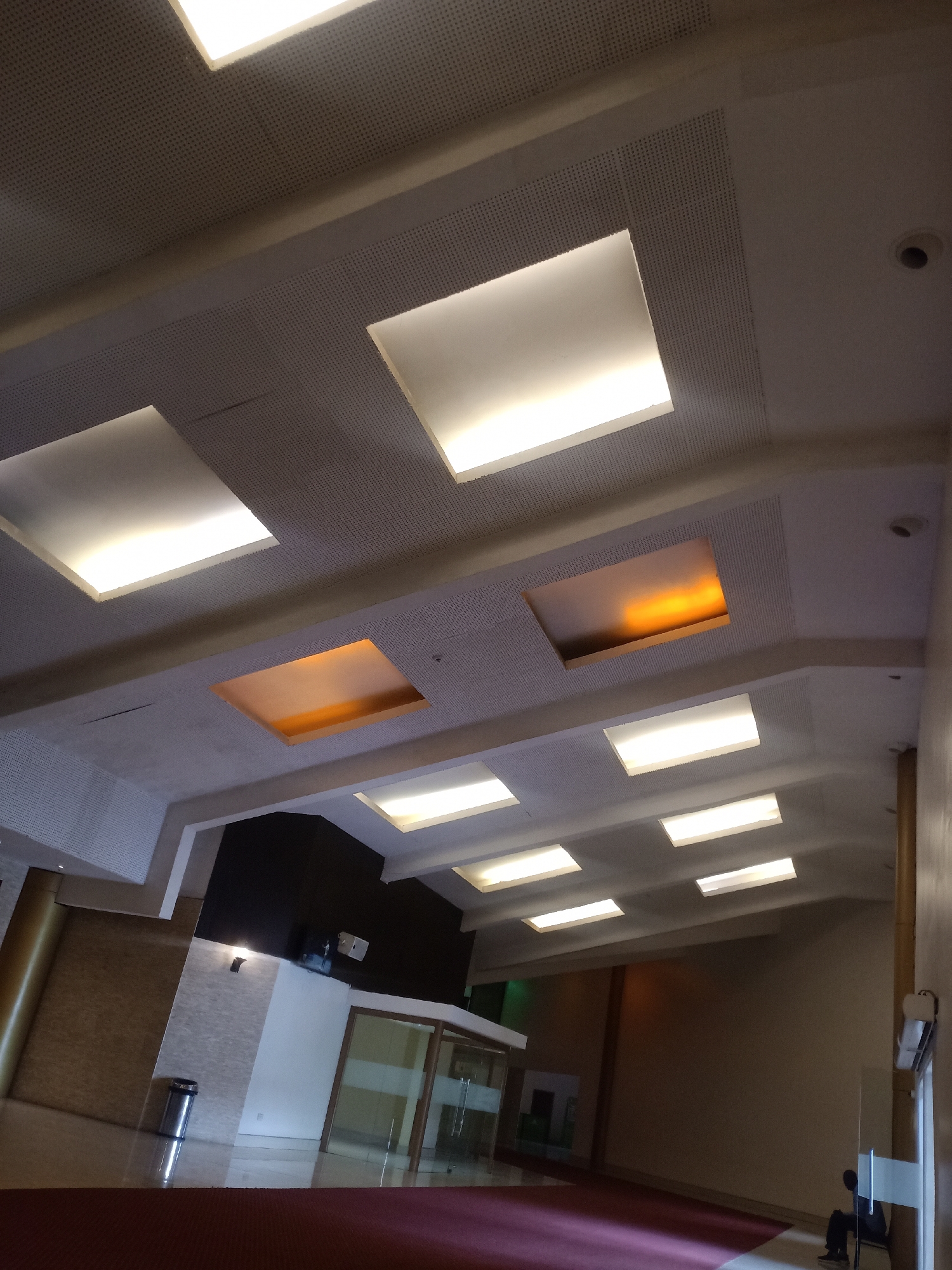 Here is a description of the image:
The image shows the interior of a large, brightly lit building. The ceiling has a grid-like pattern with square light fixtures, some emitting white light and others a warm, golden hue. The walls are mostly light-colored, with sections of darker material and panels. A glass-walled office or room is visible in the background. On the left, a metal trash can stands on the floor. At the far right, a person is sitting. The floor is covered with a red carpet. The image appears to be taken from a low angle, emphasizing the height and structure of the interior space.