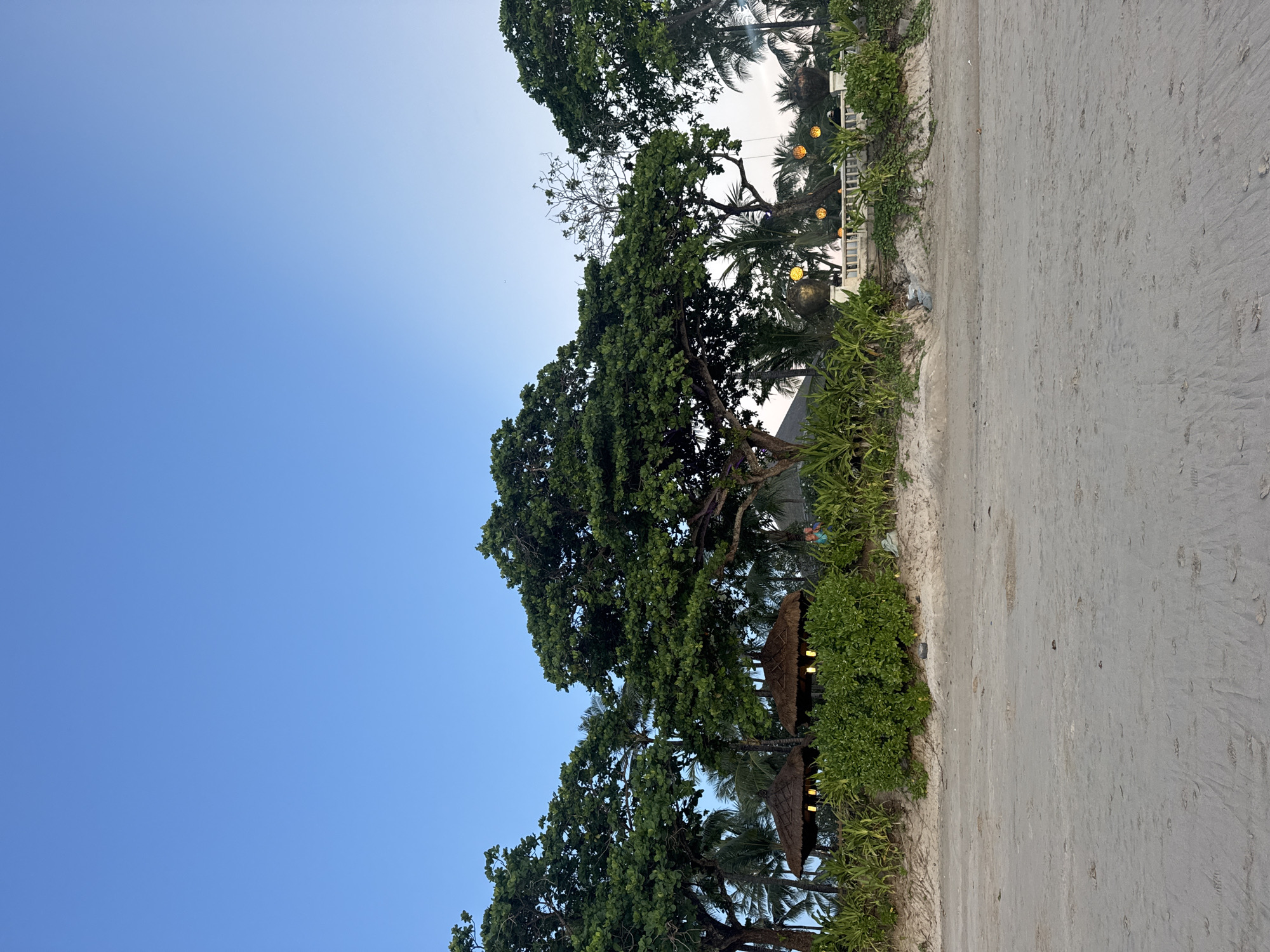 The image depicts a beach scene in Kuta Selatan, Indonesia. A sandy beach occupies the right side of the frame, while the left side features a clear blue sky. Several trees with dense green foliage are interspersed throughout the image. Two thatched-roof structures, possibly beach huts, are visible amidst the greenery. In the background, further vegetation and palm trees can be observed. Above the white concrete fence line yellow decorative globe lights are present.