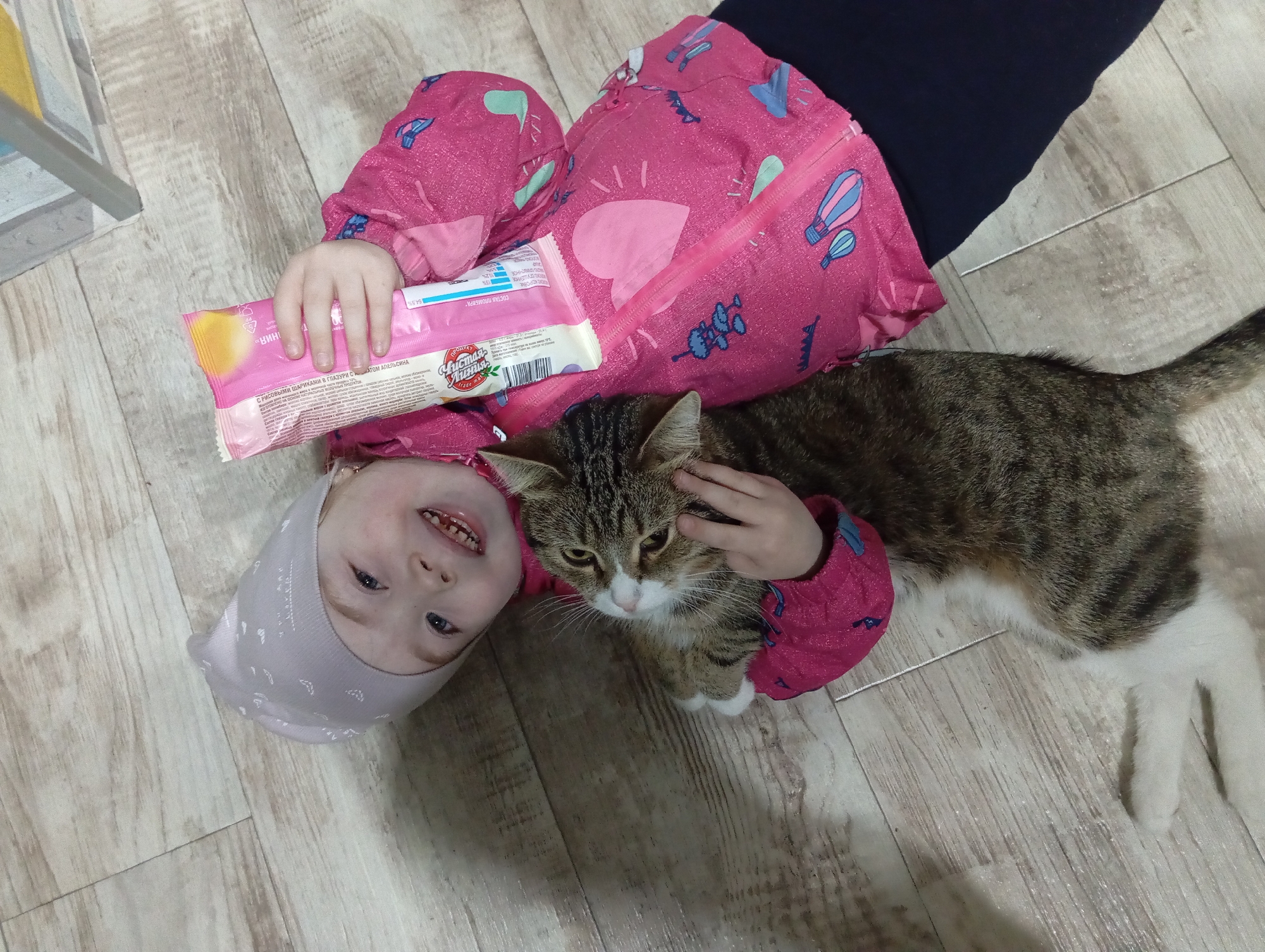 A girl with light skin and light hair is lying on a light-colored wooden floor with a tabby and white cat. She is wearing a gray hat and a pink winter jacket with hearts and hot air balloons printed on it. She is holding a pink and yellow package labeled "Чистая Линия" (Chistaya Liniya) in one hand and gently touching the cat's head with the other. The cat is looking forward with its eyes partially closed. The scene is in Yurgamysh, Russia.