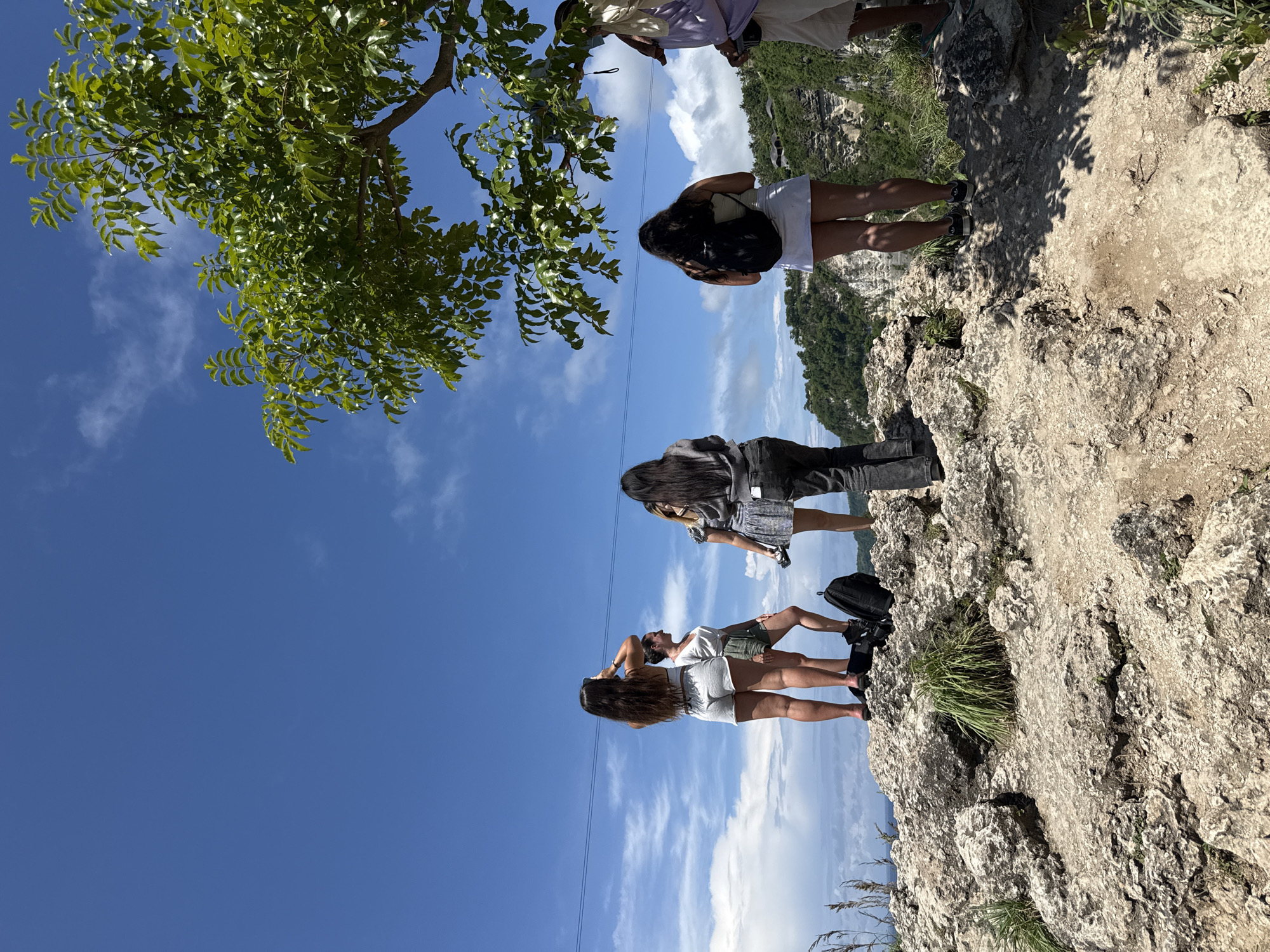 The image shows a group of four people standing on a rocky cliff edge against a backdrop of a blue sky with wispy clouds. In the top left corner, the green foliage of a tree partially obscures the view. The people are all facing away from the camera, appearing to look out at the vista. The location is identified as Pejukutan, Indonesia, suggesting a natural landscape setting. A thin cable runs horizontally across the sky. The rocky cliff is light in color, with sparse vegetation growing on it.