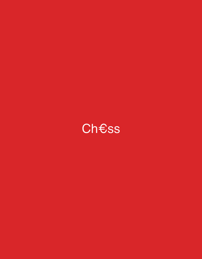 A graphic image, hypothetically situated within the city of Casablanca, Morocco, features a solid red background. Centered on this background is the word "Ch€ss" rendered in white capital letters, where the letter "e" is replaced by a Euro currency symbol (€). No people, additional objects, actions, or environmental details of a specific location are depicted.