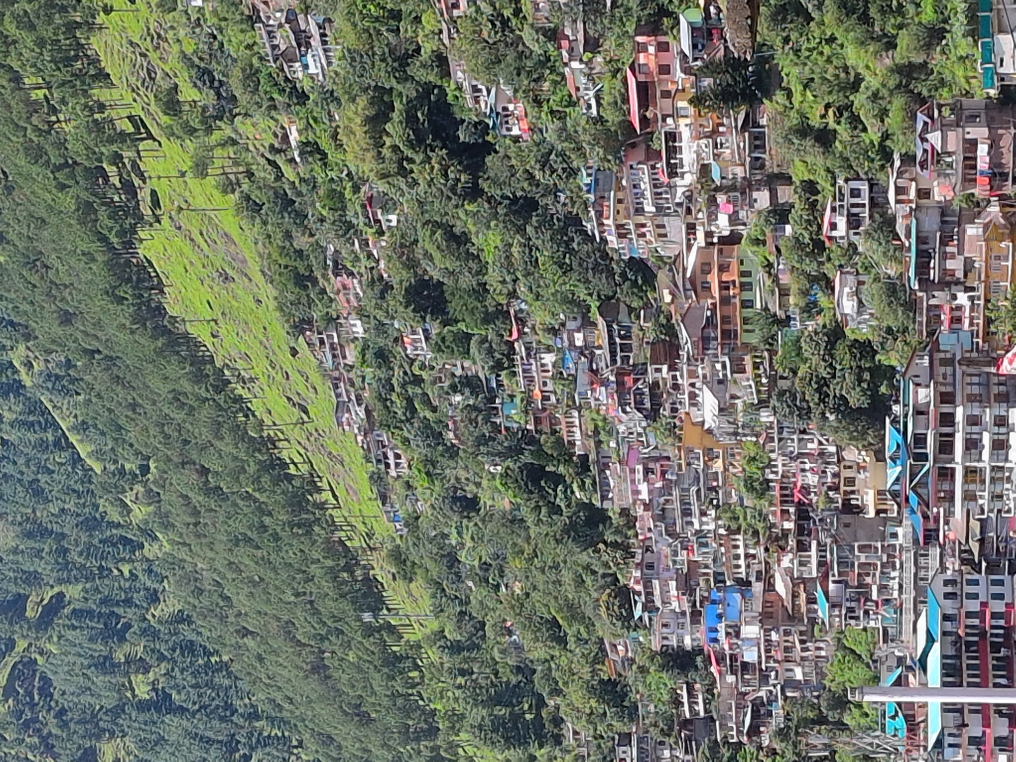 The image depicts a dense collection of multi-story buildings clustered on a steep, verdant hillside, characteristic of the town of Kullu, India. The structures, predominantly residential, exhibit a variety of architectural styles and colors, with many featuring balconies and pitched roofs. Some buildings are painted in vibrant hues of blue, pink, and yellow, contrasting with the more subdued white and grey facades. The hillside is densely covered with a mixture of evergreen trees and lush green vegetation. In the foreground, a more modern building with a white exterior and blue trim is visible, with a tall, cylindrical structure beside it. The overall impression is of a tightly-knit community built into the natural landscape of the Himalayan region.