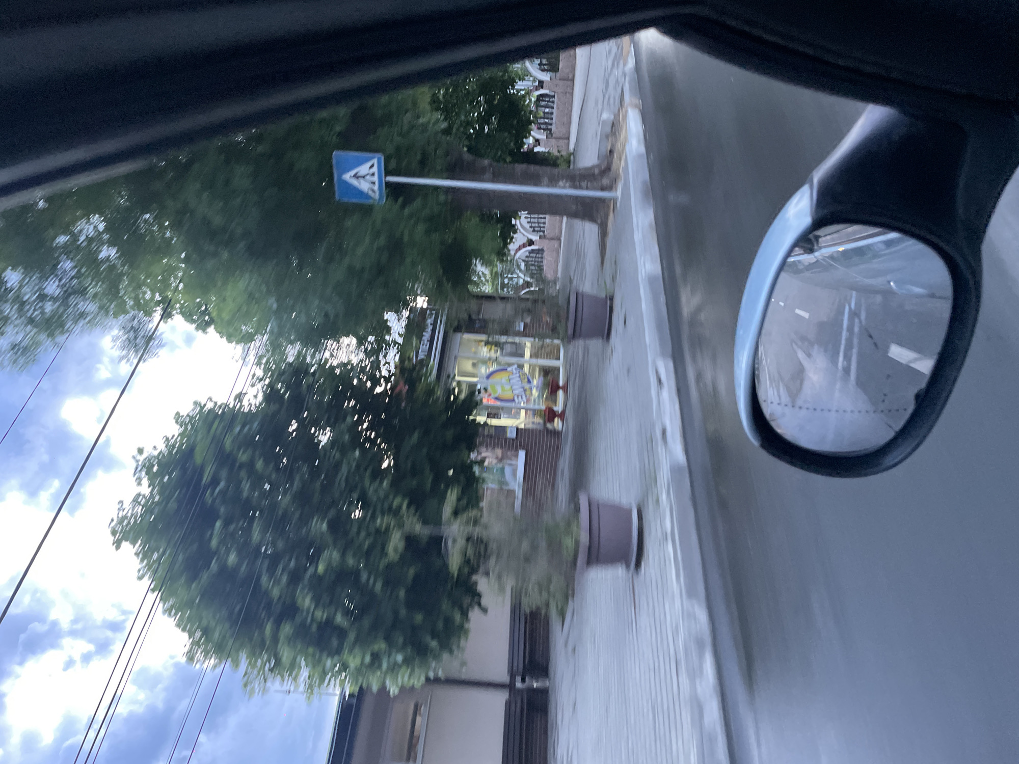 The photograph appears to be taken from inside a car, looking out the passenger side window. The side view mirror is visible, reflecting the road. Outside, the scene is of a street in Burgas, Bulgaria. A pedestrian crossing sign is visible, along with trees, a building, and flower pots lining the sidewalk. The weather seems overcast.