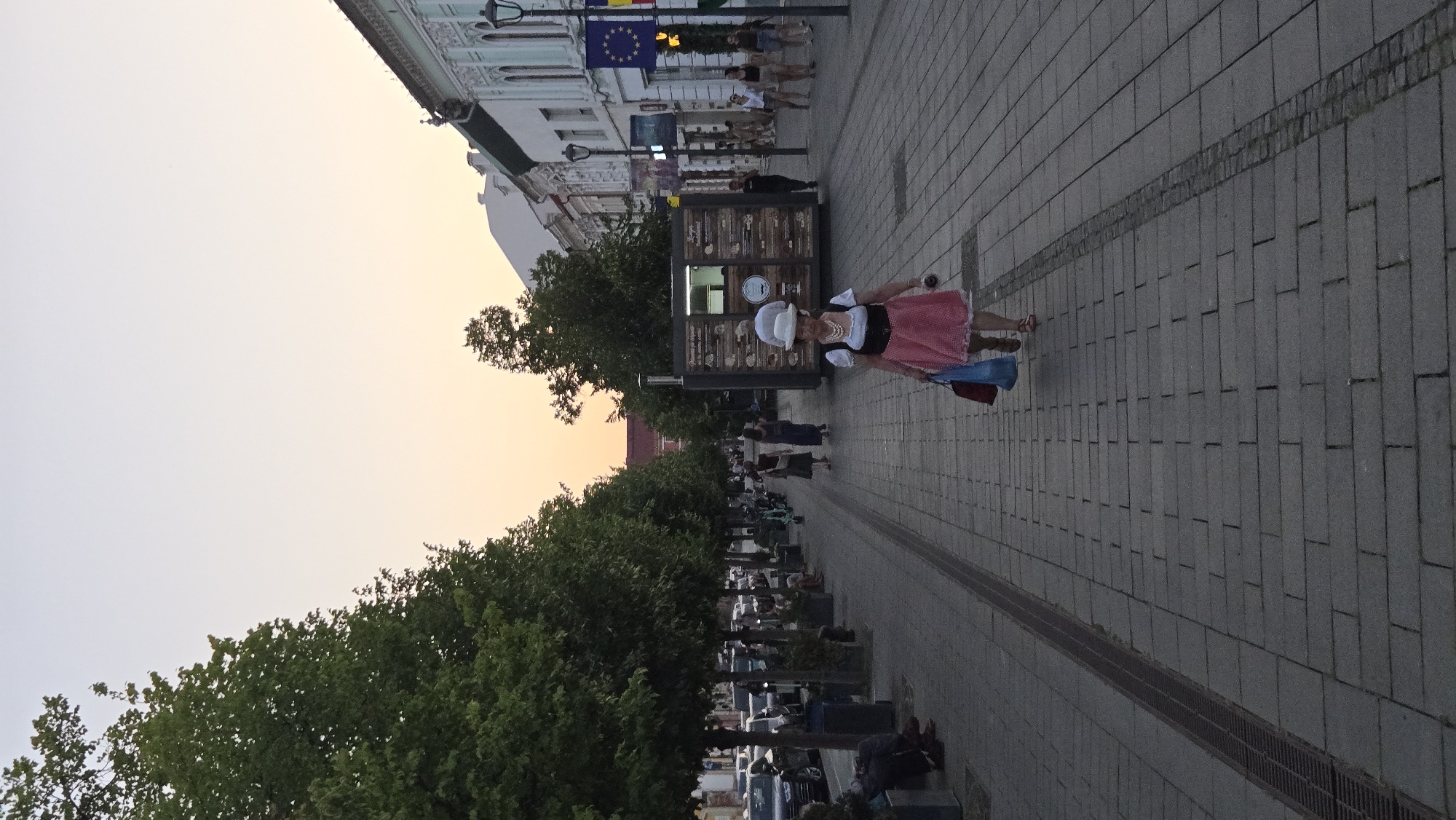 A street-level, full-frame, vertical shot captures a pedestrian zone in Cluj-Napoca, Romania, during what appears to be late afternoon or early evening. The sky is a pale gradient of orange and white, indicating sunset. The scene is dominated by a paved walkway lined with trees on the left, casting shadows. Parked cars are visible along the left edge of the walkway. On the right side of the walkway, there are buildings with architectural details and streetlights.
In the foreground, a woman wearing a white hat, a white blouse with black trim, and a pink checkered dress walks towards the camera. She has a pearl necklace on and is carrying two shopping bags, one blue and one red. Her feet are visible, wearing sandals.
Further down the walkway, several other pedestrians are walking in both directions. A food kiosk with glass displays and illuminated menus is situated in the middle ground. Flags, including the European Union flag and the Romanian flag, are visible on the right side of the walkway. The ground is paved with rectangular stones, and a metal drain runs along the left side of the walkway. The overall atmosphere is calm and casual, with people enjoying the public space.