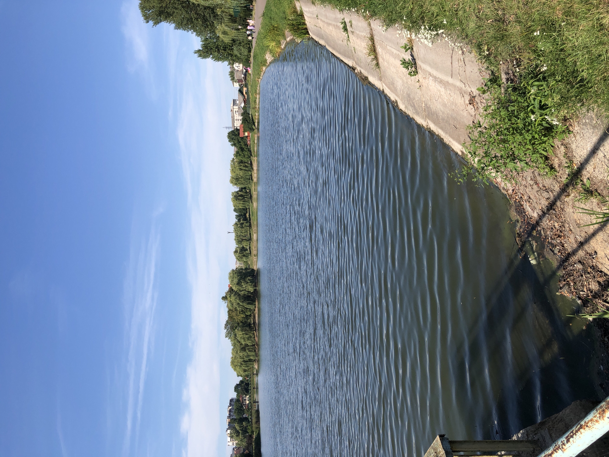 The image shows a calm lake with a concrete embankment and a grassy area. In the background, there are trees, buildings, and a blue sky with scattered clouds. A group of people can be seen walking on a path along the embankment. This scene is located at the Kolomyia City Park in Kolomyia, Ukraine.