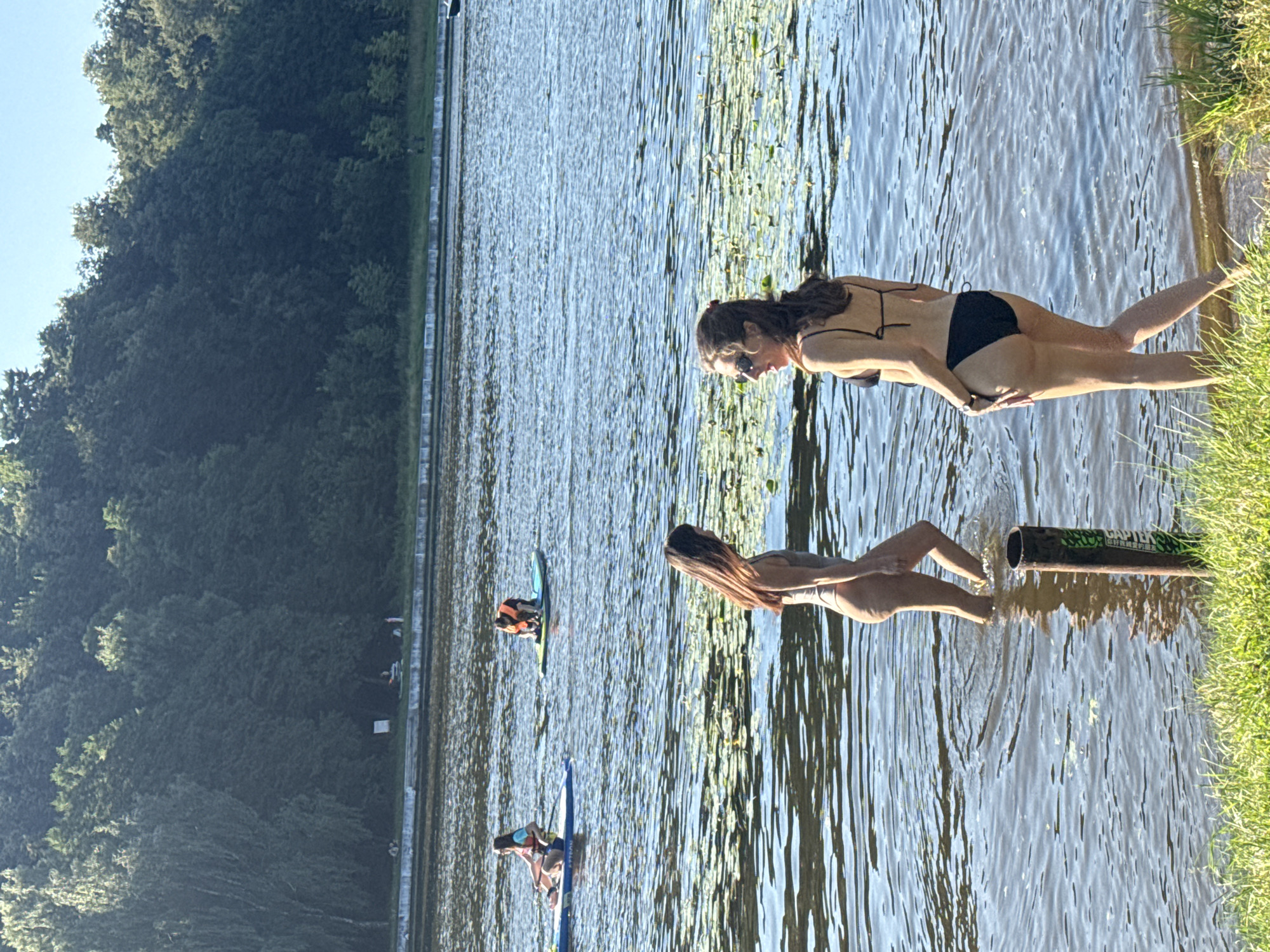 In this sunny outdoor scene, two women are in the shallow water of a lake, likely a recreational area within Moscow, Russia, given the lush greenery and tree line bordering the water. The woman on the left is wading deeper into the water, her legs submerged up to her knees, and she is wearing a light-colored swimsuit. The woman on the right is facing away from the camera, looking towards the lake, and is wearing a black bikini. She has sunglasses on and her hair is pulled back.
In the background, several other people are visible on the water. Two individuals are on paddleboards. One person is sitting on a paddleboard, while another is standing and appears to be wearing an orange life vest. Further in the distance, there are more people and what appears to be a small boat on the lake. The water is calm with ripples, and patches of water lilies or similar aquatic plants are scattered across the surface. The shore in the foreground is covered with green grass and a weathered, dark-colored metal pole with some green lettering is partially visible in the water near the woman on the left. The backdrop features a dense forest of green trees under a clear blue sky, suggesting a warm, pleasant day.