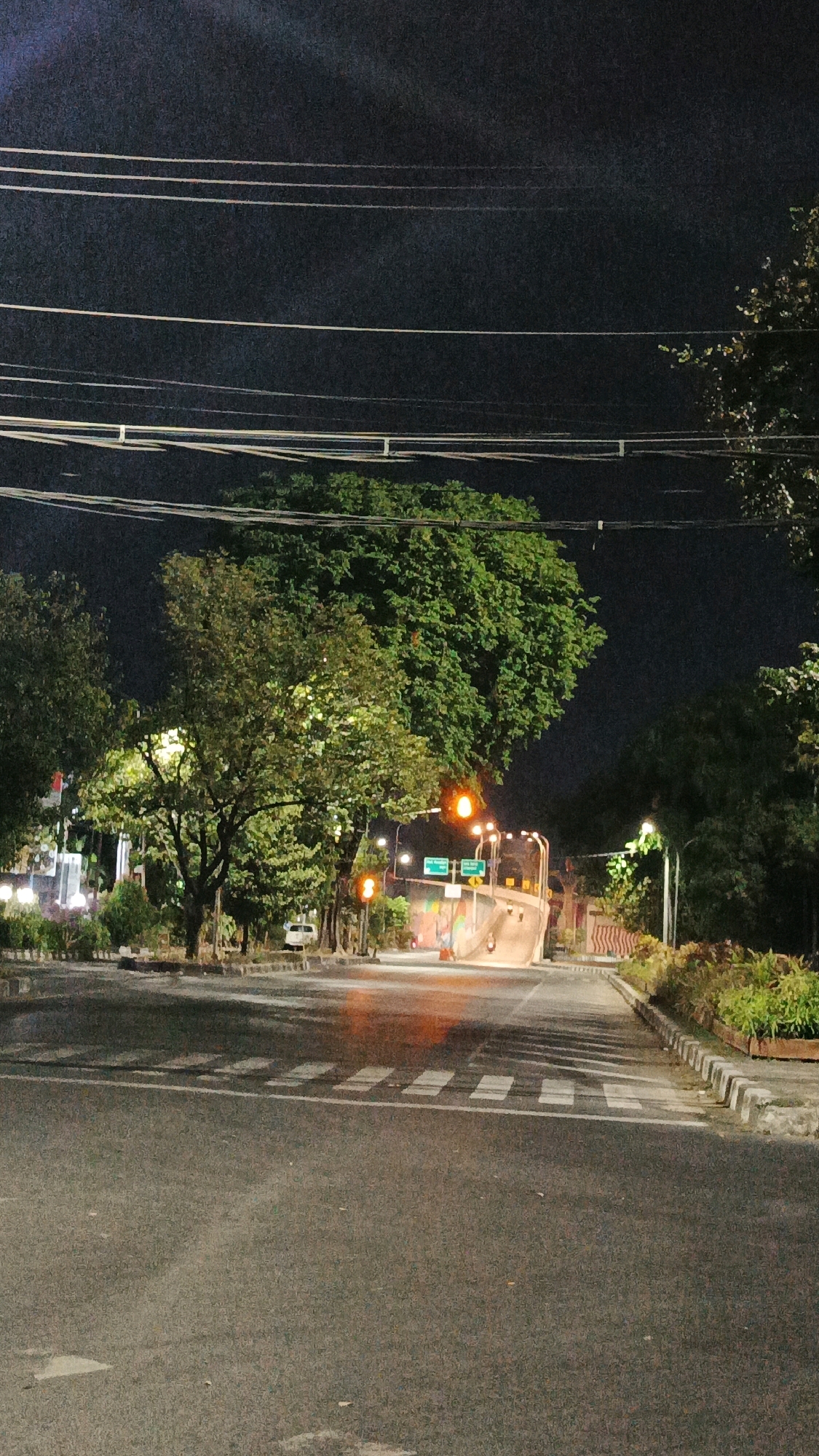 The image shows a street scene at night, likely in the city of Surakarta, Indonesia. The foreground features a paved road with a pedestrian crossing marked by white stripes. The road curves slightly to the right, leading towards an elevated overpass or bridge in the middle ground.
On the left side of the road, several trees are visible, with some illuminated by streetlights. A traffic light is also present, displaying an orange light. In the background, the overpass structure is prominent, with lights illuminating its underside and sides. There are signs on the overpass, indicating directions.
On the right side of the road, a raised planter box filled with green plants runs along the curb. More trees and vegetation are present further in the background. The sky above is dark, with visible power lines stretching across the frame.
Two motorcycles are seen on the overpass, suggesting vehicular traffic. The overall atmosphere is that of a quiet, urban street at night, with artificial lighting playing a significant role in illuminating the scene.