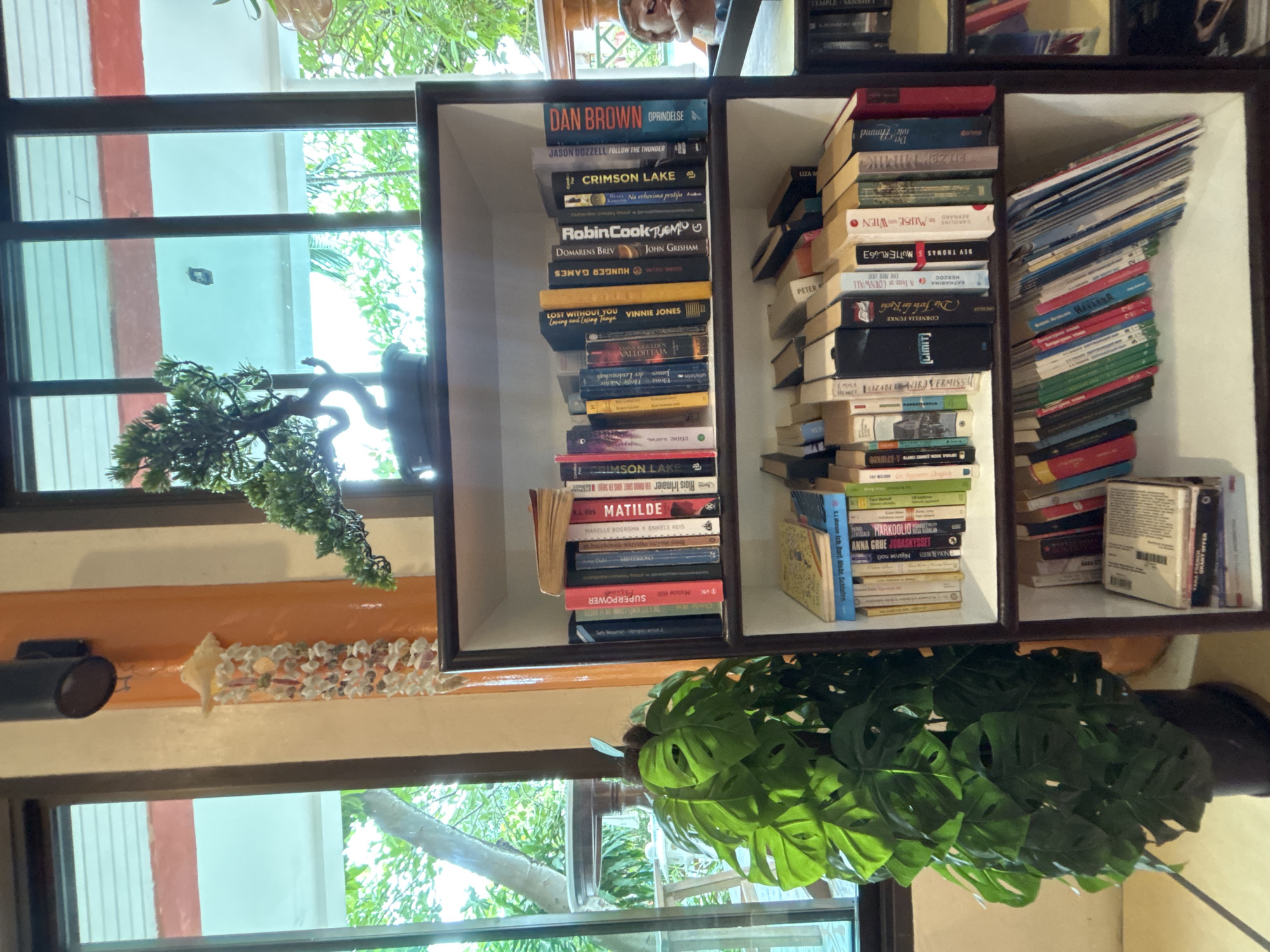 This media file captures an indoor scene with a bookshelf filled with books. The bookshelf is positioned in front of a window, allowing natural light to illuminate the space. Outside the window, lush green foliage is visible, suggesting a tropical environment, consistent with the location context of Chalong, Thailand.
The bookshelf is the primary subject, divided into several sections containing stacks of books arranged both vertically and at an angle. The book spines display various titles and authors in different languages, including English, German, and what appears to be a Slavic language. Some prominent titles visible are "Dan Brown: Oprindelse," "Crimson Lake," "Robin Cook," "John Grisham," "Vinnie Jones," and "Cornelia Funke."
A small, artificial bonsai tree with green foliage is placed on the windowsill to the left, adding a decorative element. Below the bookshelf, a portion of a large, leafy green plant is visible, its leaves reflecting in the window. The overall ambiance is one of a cozy reading nook, possibly a home or a cafe, with the natural light and greenery creating a serene atmosphere. The time of day appears to be daytime, given the bright lighting.