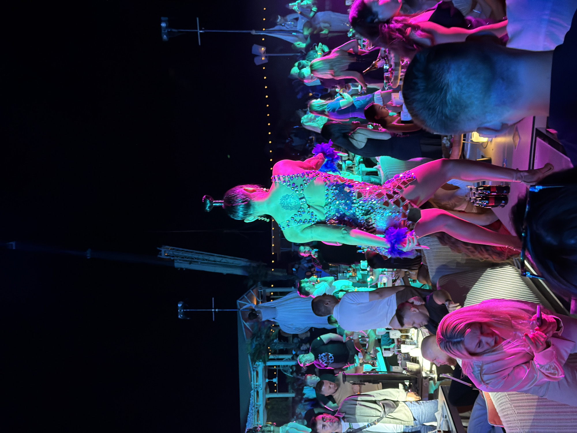 The image depicts an outdoor evening event in Odesa, Ukraine, characterized by vibrant neon lighting and a lively atmosphere. In the foreground, a performer in an elaborate, sequined costume, featuring a low-cut back and feathered accents, is positioned on a table, her legs and torso illuminated by pink and blue lights. She is facing away from the camera, looking towards the crowd.
The setting appears to be a crowded open-air venue, possibly a restaurant or club, with numerous tables and chairs occupied by patrons. People of various ages and genders are visible, some seated, others standing and interacting. The lighting creates a dramatic and festive ambiance, with colored lights casting reflections on the surfaces and people.
In the background, there are more people, some of whom are observing the performance. A large crane is visible in the far background, suggesting ongoing construction or a temporary installation at the venue. String lights are also strung across the area, adding to the festive mood. The presence of bottles of Coca-Cola on a table near the performer indicates the serving of beverages. The overall scene suggests a nightlife event with entertainment.