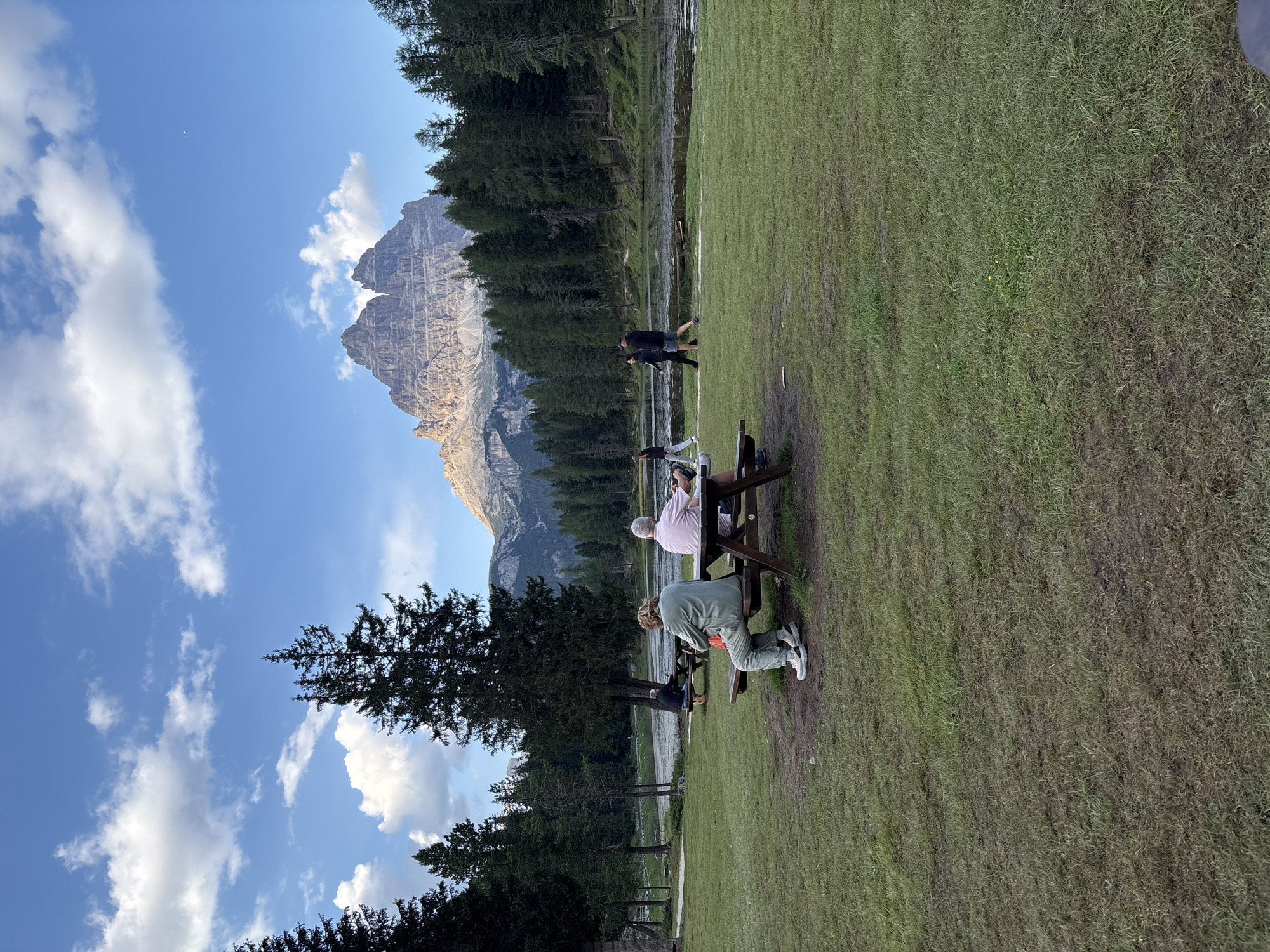 The image depicts a natural landscape with a mountainous backdrop, likely near Auronzo di Cadore, Italy, known for its proximity to the Tre Cime di Lavaredo. In the foreground, a grassy field contains a wooden picnic table with two individuals seated. One person, wearing a light green jumpsuit and white sneakers, is facing away from the camera, with their back to the left. The other person, to their right, wears a pink short-sleeved shirt and is also facing away.
Further back, a body of water, possibly a lake or reservoir, is visible, lined with dense coniferous trees. Across the water, a rugged mountain range with sharp peaks dominates the horizon under a blue sky scattered with white clouds. A few other individuals are seen walking along the edge of the water in the mid-ground. The overall scene suggests a peaceful, outdoor recreational setting.
