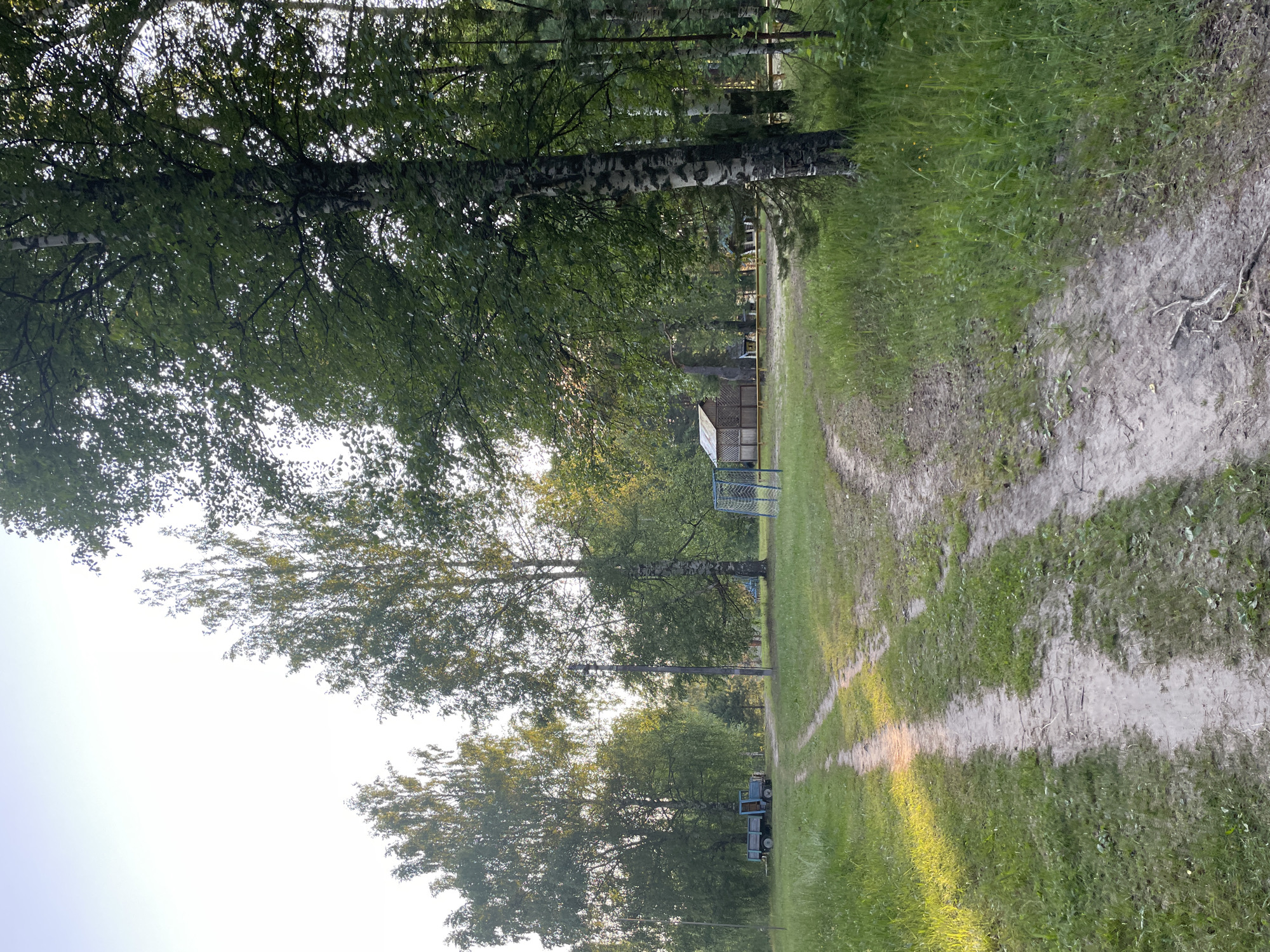 This image depicts an outdoor scene in the village of Prudy, Russia. A dirt path, showing tire tracks, winds through a grassy area with scattered trees. In the background, a small wooden building with a visible swing set is situated among the trees. To the left of the path, a blue utility truck is parked near a cluster of trees. The sky is bright, suggesting daylight. The overall environment appears to be a rural or semi-rural setting.