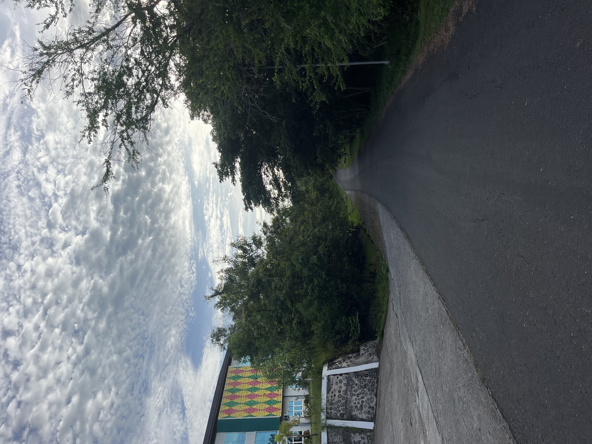 The image shows a road curving through a tree-lined area in Lhokseumawe, Indonesia. The sky is visible with patchy clouds. A building with a colorful geometric pattern on its facade is partially visible on the left. The road is asphalt and appears to be in good condition. There are no people visible in the scene. The trees line both sides of the road, creating a tunnel-like effect. A concrete sidewalk borders the road on one side.