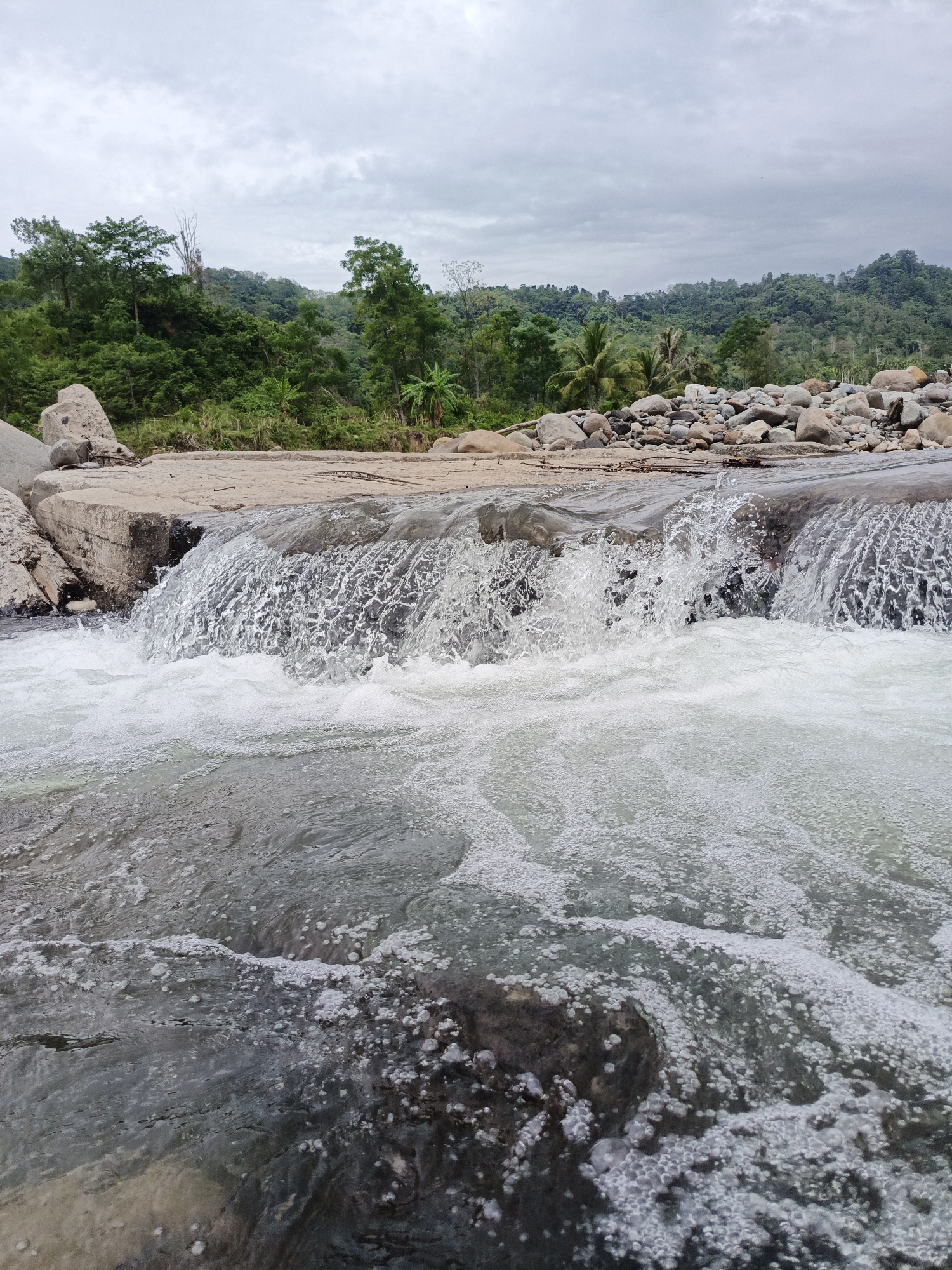 This image depicts a natural river environment in the vicinity of Meurah, Indonesia. In the foreground, turbulent river water flows towards the viewer, exhibiting extensive white aeration, foam, and small bubbles, particularly concentrated in the lower half of the frame. A low, grey concrete or stone weir extends horizontally across the midground, with water actively cascading over it, creating a visible sheet of falling water, spray, and white foam as it plunges into the downstream section.
To the immediate left of the weir, large, irregular grey boulders are visible on the riverbank. To the right, the riverbank consists of a dense collection of smooth, rounded river stones and rocks of various sizes and shades, predominantly grey and light brown. These stones extend into the midground. Beyond the river, the background reveals a dense, verdant forest covering undulating hills, characterized by a variety of trees including broadleaf species and some palm trees. The sky above is uniformly overcast with grey clouds. No human figures or evidence of human activity are visible within the scene.