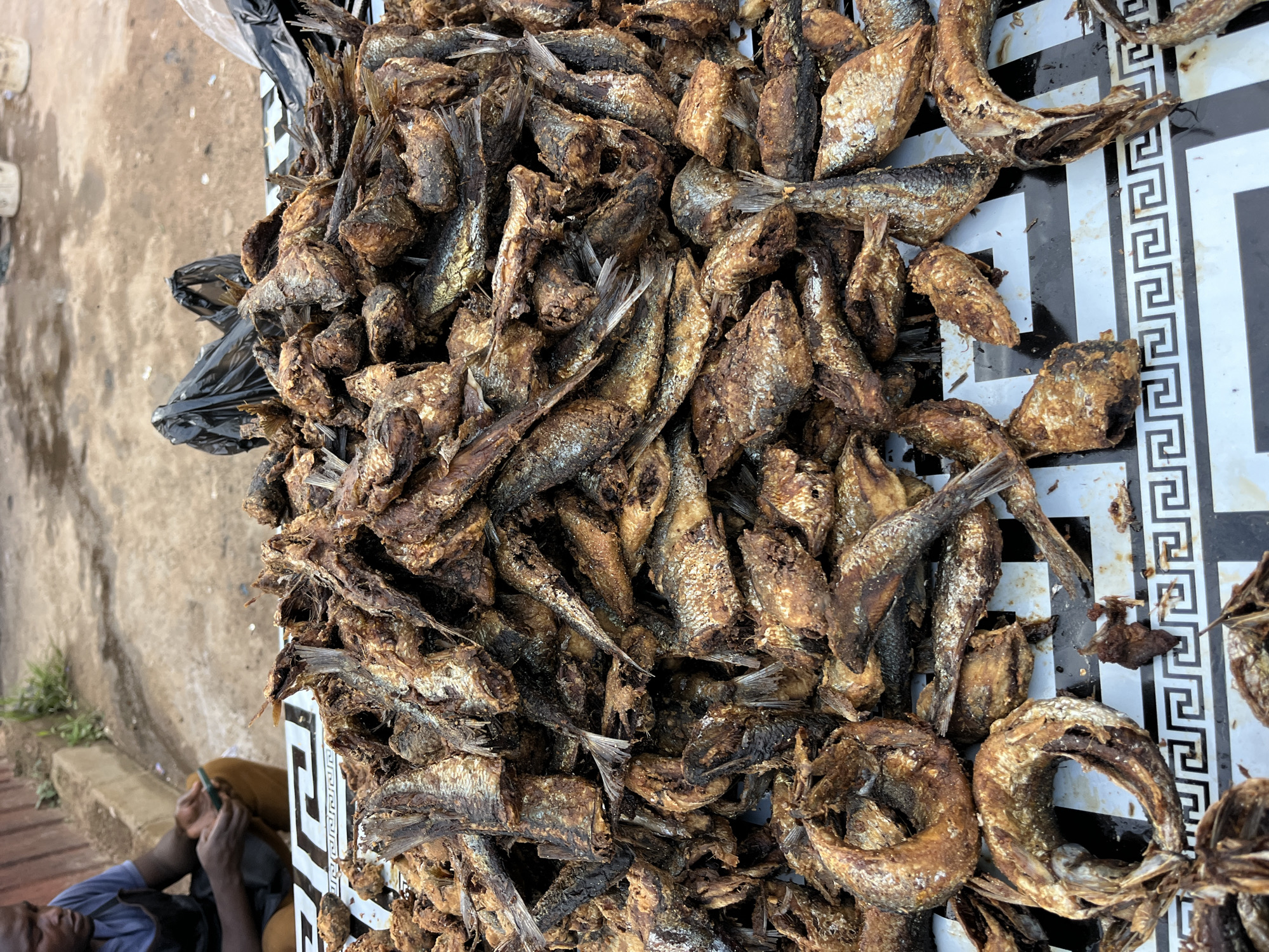 A close-up, eye-level shot captures a large pile of fried fish for sale at an outdoor market. The fish are small, whole, and appear to be sardines or a similar type, with golden-brown, crispy exteriors. Many have their heads and tails intact, and their silvery scales are still visible in places. The fish are arranged in a dense heap on a white surface with a black geometric pattern. In the background, a person wearing a blue t-shirt and brown pants is partially visible, sitting and holding a mobile phone. The ground behind the person is dirt and gravel. Two black plastic bags are visible behind the pile of fish. The overall impression is of a busy, authentic market scene.