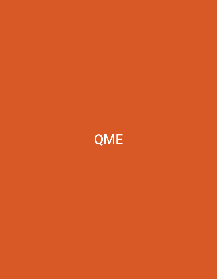 The image displays a uniform, solid orange background. Centered within this field is the white, uppercase text "QME". There are no discernible people, subjects, objects, actions, interactions, or environmental features depicted that would indicate a specific location in Casablanca, Morocco, or any other geographical area.