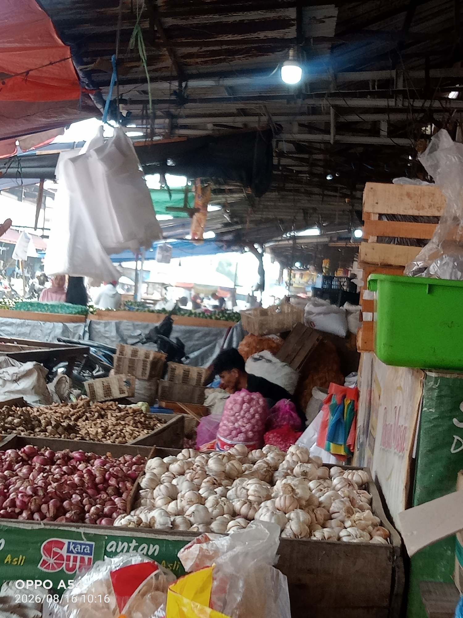 This image depicts an outdoor market stall, likely in Jambi, Indonesia, with a variety of produce displayed for sale. The scene is characterized by a rustic, open-air structure with a corrugated metal roof supported by wooden beams. Various fruits and vegetables are visible, including piles of red onions and heads of garlic in wooden crates. In the background, other stalls and people are discernible, suggesting a bustling market environment. The lighting appears to be a mix of natural daylight and artificial light from a bulb hanging from the ceiling. The overall impression is one of a vibrant, local marketplace.