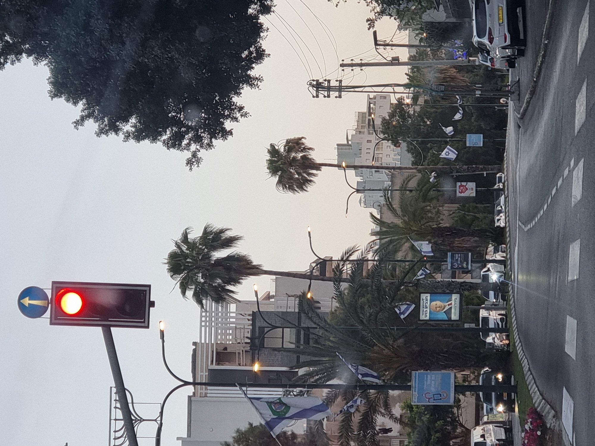 The image captures a street scene in Tel Aviv, Israel. The road curves slightly to the right. Palm trees and light poles line the street, decorated with Israeli flags. Traffic lights are visible, with one displaying a red light and a left-pointing blue arrow. Buildings can be seen in the background. Several white cars are parked along the roadside. A political poster with the image of Benjamin Netanyahu is mounted along the street. Overhead power lines crisscross the sky. The overall lighting suggests it is either early morning or late afternoon.