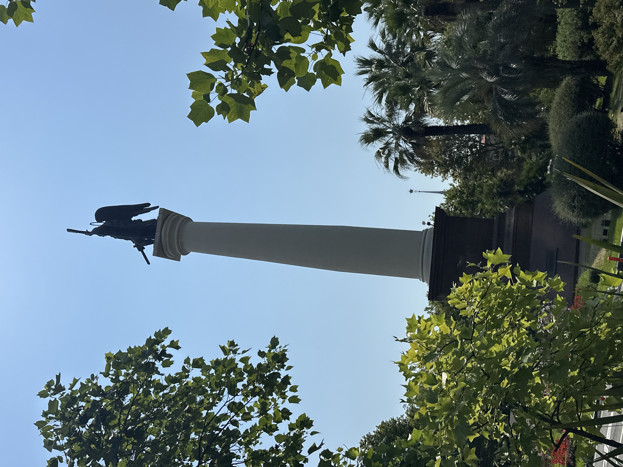 The image shows a tall, white column topped with a dark, winged statue holding a sword and a shield. The column has a dark base and is set against a clear blue sky. Lush green foliage from trees frames the monument from the left and right, with some of the leaves illuminated by sunlight. In the background, palm trees and other trees are visible, suggesting a warm climate. A distant spire can also be seen. This monument is located in Sochi, Russia, specifically in the area of Navaginskaya Street, near the central embankment. There are no people or animals in the image, and no discernible actions or interactions are taking place. The environment appears to be a public park or square.