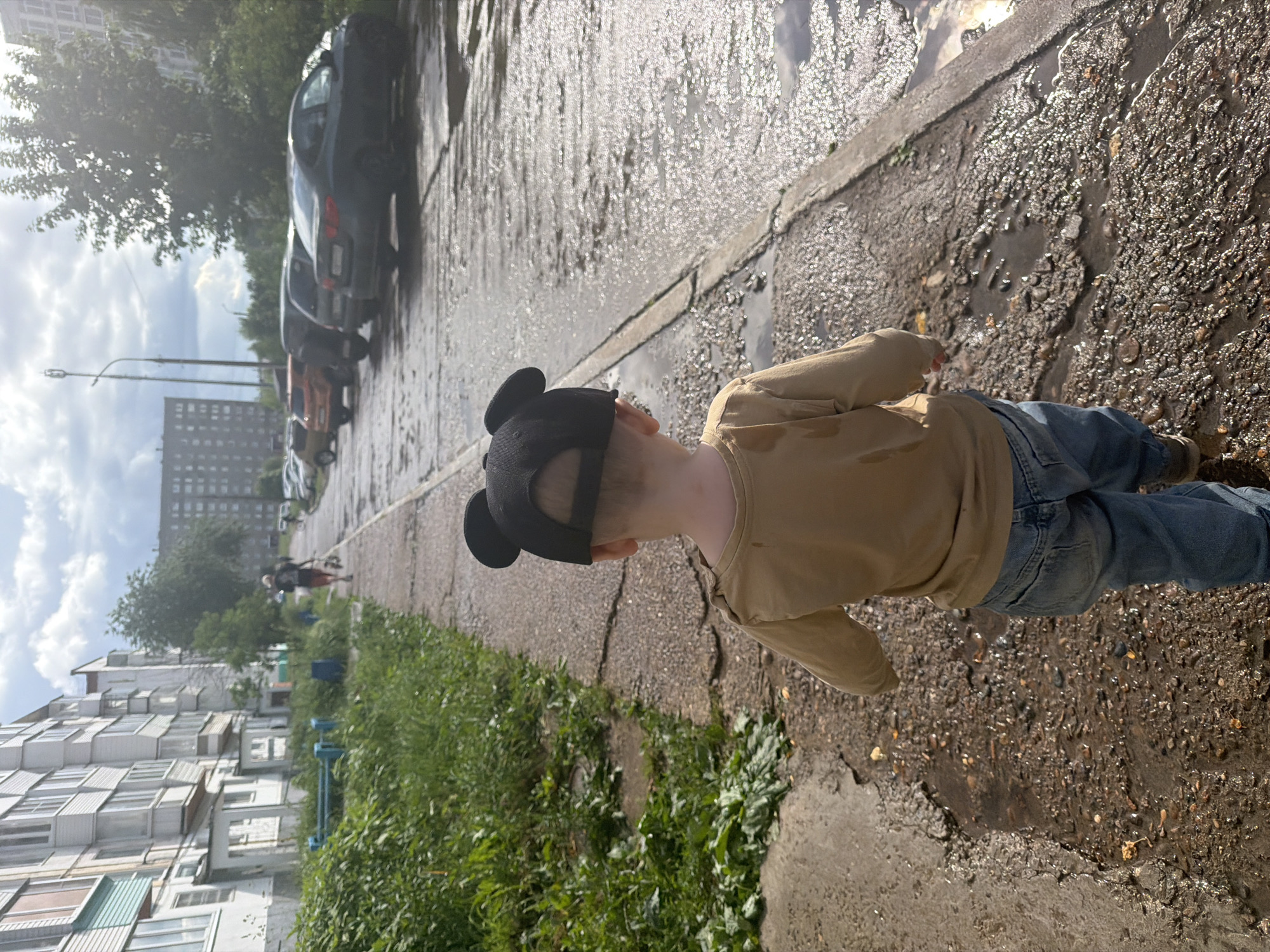 A young child wearing a light brown long-sleeved shirt, blue jeans, and a black baseball cap with Mickey Mouse ears walks on a wet paved sidewalk. To the left of the sidewalk is a strip of overgrown grass next to a light-colored apartment building. To the right of the sidewalk is a wet asphalt road with parked cars. In the background, there is a larger apartment building and trees under a cloudy sky. The scene appears to be a residential area in the city of Chaikovsky, Russia, likely after rain.