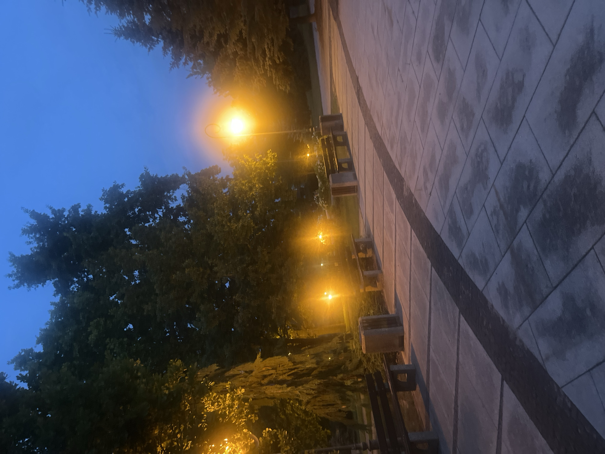 The image depicts a park path in Białystok, Poland, at dusk. The path is paved with large, light-colored rectangular tiles, bordered by a dark strip. Several benches are visible along the path, some made of dark wood with concrete supports, others appearing to be entirely concrete. Streetlights with bright orange lamps illuminate the scene, casting a warm glow on the surroundings and creating long shadows. Lush green trees, including mature deciduous trees and coniferous trees, frame the path and the open sky. The sky is a deep blue, transitioning to a lighter shade near the horizon, indicating the fading light of day. There are no people visible in the image.
