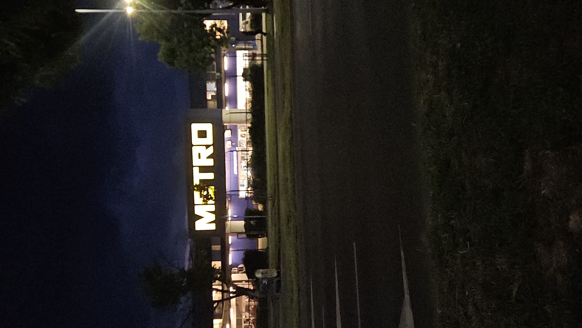 The image shows a Metro store at night in Plovdiv, Bulgaria. The large, vertically oriented "METRO" sign is illuminated in yellow. The store's façade behind the sign is also lit. A street or road runs alongside the store, with grass and shrubbery bordering the edge of the road. The sky is dark, suggesting it is late evening or night. A streetlight is visible at the top left. There is no evidence of people in the image.