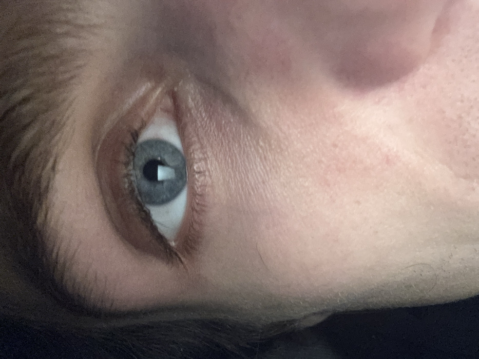 The image presents a forensic close-up of a human eye. The iris is blue-grey, centered by a dark pupil reflecting a distinct, vertically oriented rectangular light source. Visible details include individual eyelashes along the upper and lower eyelids, fine skin texture with minor creases around the eye, and the lower portion of a light brown eyebrow. A segment of light brown hair is visible on the left side, extending to the upper left corner. The lighting is directional, casting a slight shadow to the left and illuminating the lower eyelid and cheek area. The depicted scene lacks visual cues to establish a specific location in the city of Paris, France.