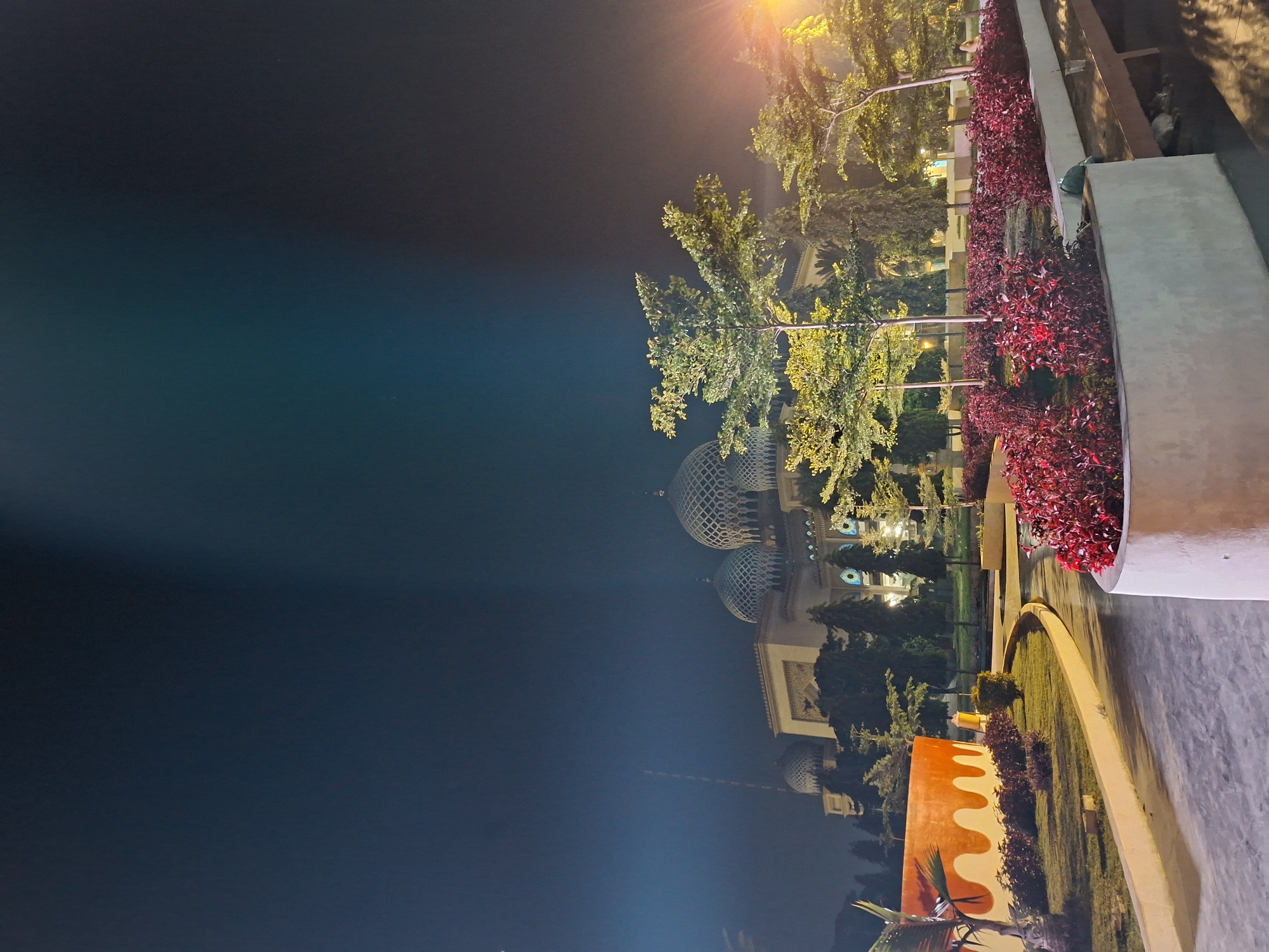 This nighttime photograph captures an illuminated outdoor scene, likely a public garden or plaza adjacent to a prominent architectural complex in Lhokseumawe, Indonesia. The dark sky indicates the time of day, with artificial lighting providing the main source of illumination.
In the background, several grand buildings featuring distinct, intricately patterned domes are visible. These light-colored, spherical domes suggest the architecture of a mosque or an Islamic cultural center. Surrounding these structures are numerous trees with lush green foliage, some brightly lit by unseen light sources, creating a warm, yellowish glow.
The foreground and midground feature a meticulously landscaped area. Long, linear concrete planters or walls are filled with vibrant red and purple-leafed plants, adding a burst of color against the darker backdrop. Smaller green plants and shrubs are also arranged in various garden beds alongside paved pathways. A decorative, low wall or planter in the lower section exhibits an eye-catching orange and white wavy pattern.
Artificial light sources, possibly from streetlamps or building lights, are evident, especially in the upper right corner, where a strong lens flare is visible. These lights effectively highlight the architectural details and the rich hues of the vegetation. No people or specific activities are depicted, contributing to a serene and tranquil atmosphere. The scene emphasizes the beauty of the architecture and the manicured natural elements under the glow of night lights.