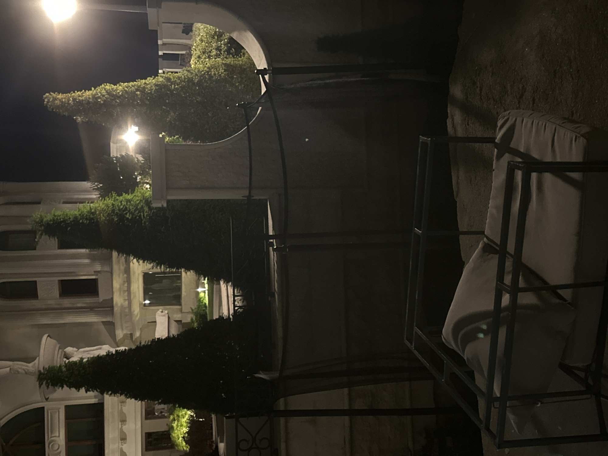This forensic photograph, taken at night in Asenovgrad, Bulgaria, captures an outdoor area adjacent to a multi-story building exhibiting classical architectural elements, including columns, arched windows, and a prominent decorative feature or statue atop a pedestal on the upper left. Three tall, manicured evergreen trees are positioned in the mid-ground, obscuring parts of the building. Another light source is visible behind the central tree. To the far right, a bright, spherical street light illuminates a section of a light-colored wall and additional foliage.
In the foreground, a dark metal railing with ornate scrollwork extends from the left. Suspended from posts along this railing and a curved, light-colored concrete wall section to the right is a dark, semi-transparent mesh or fabric barrier. On the ground level, directly in the very foreground, a large outdoor lounge chair or daybed with a dark metal frame is positioned. It holds two light-colored, possibly beige or grey, cushions. Two small, faint greenish-blue luminescent points are discernable on the uppermost cushion. The ground beneath the lounge chair and extending into the mid-ground appears to be loose earth or gravel. The scene is illuminated by artificial light sources, resulting in a low-light environment without visible human presence.