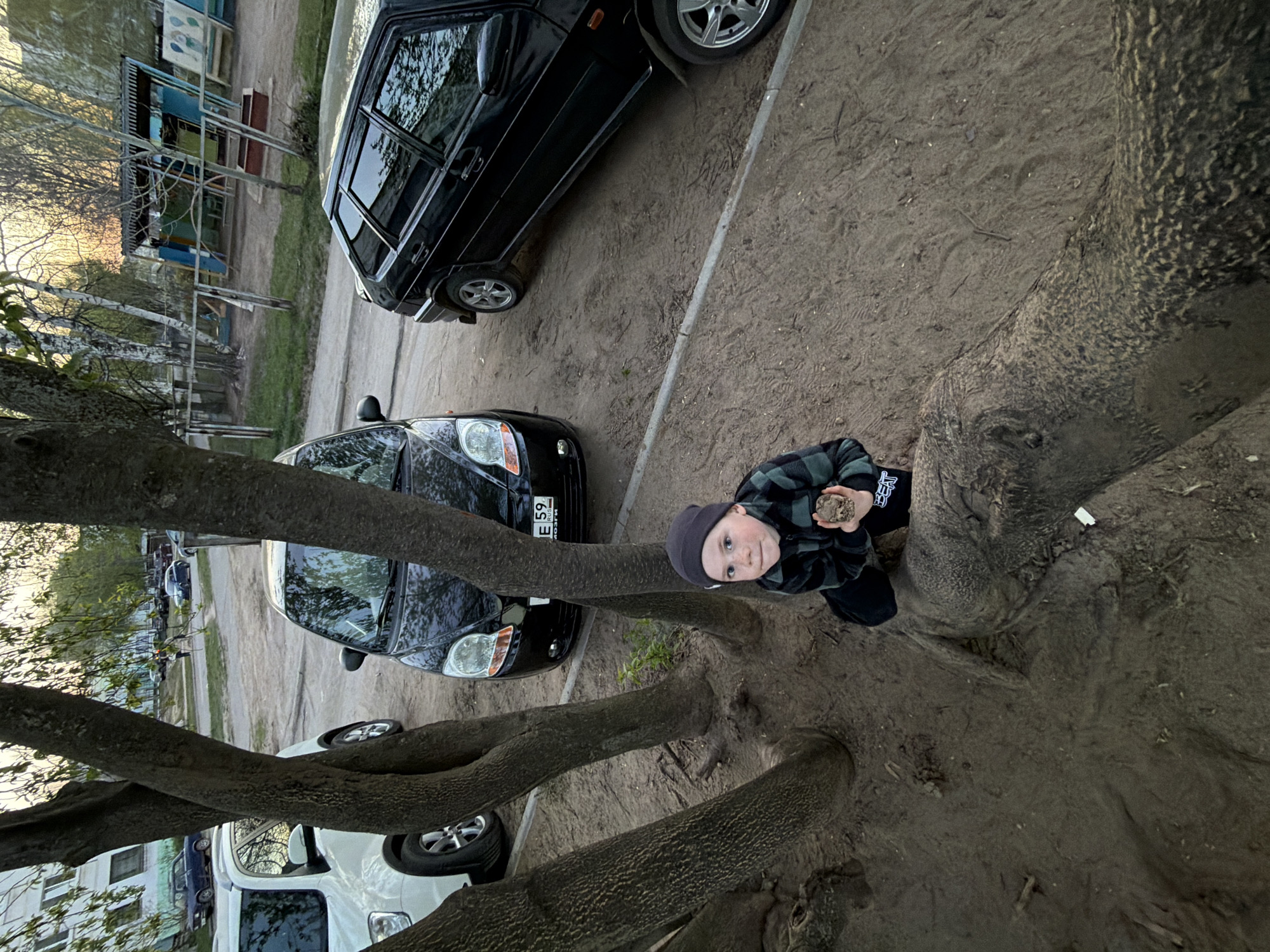 The image depicts a young child standing next to a large tree in an outdoor setting that appears to be an urban environment in Chaikovsky, Russia. The child is wearing a dark hat and a dark plaid jacket, holding a small, round object, possibly a rock or a pinecone. The tree has multiple thick branches extending in different directions. Cars are parked in the background, including a black compact car with a license plate number E59. A white van and other vehicles are also visible, further back in the scene. The ground is covered in dirt and sand. Some buildings, including what looks like a playground, can be seen in the background. The picture seems to be taken from an elevated perspective, perhaps from the tree itself.
