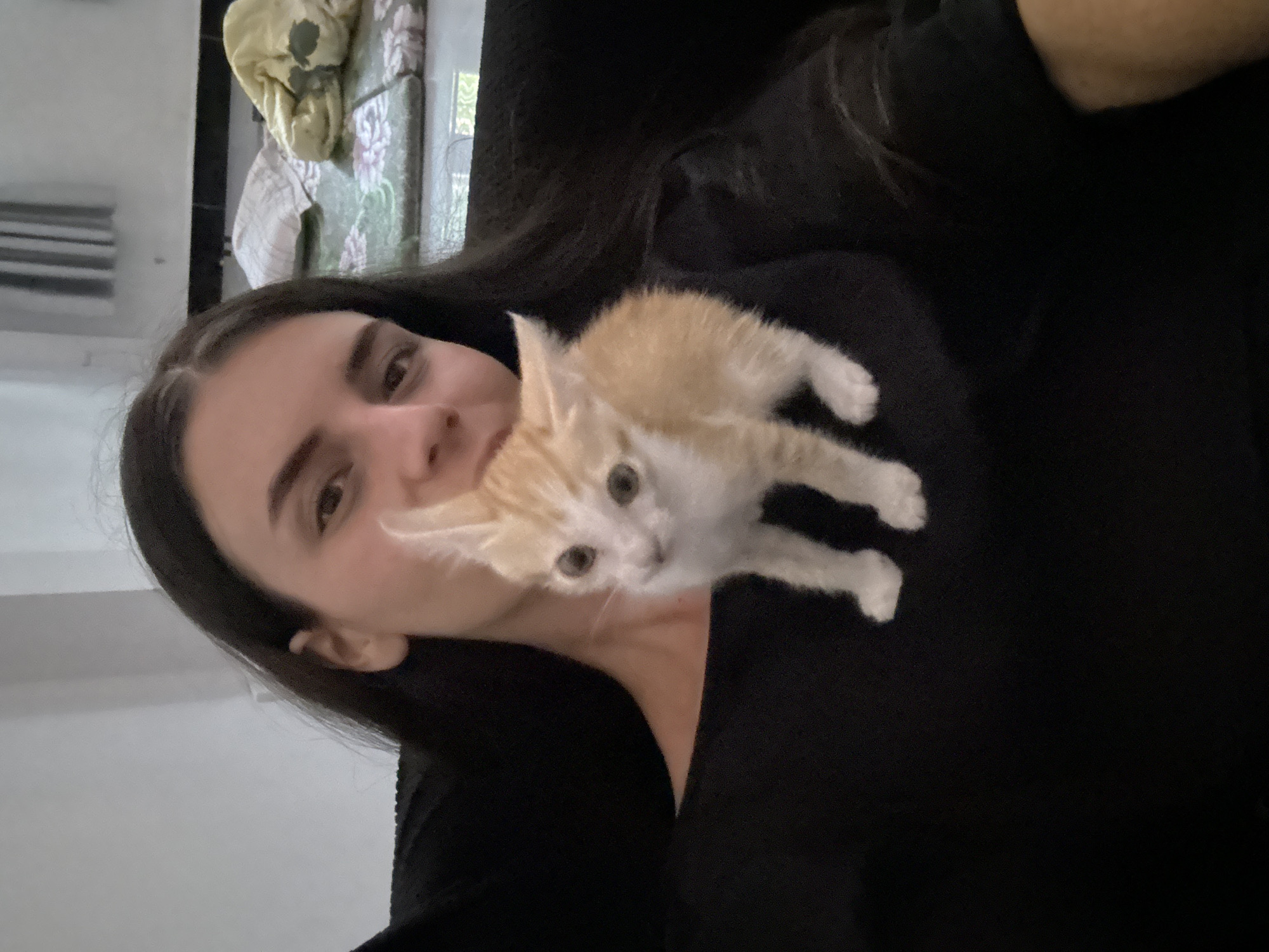 A woman is posing for a selfie with a small kitten sitting on her chest. The woman has long dark hair and is wearing a black shirt. The kitten is orange and white, and appears to be looking at the camera. The background includes a wall and furniture, with the window showing that the photo was taken in Mũi Né, Vietnam.