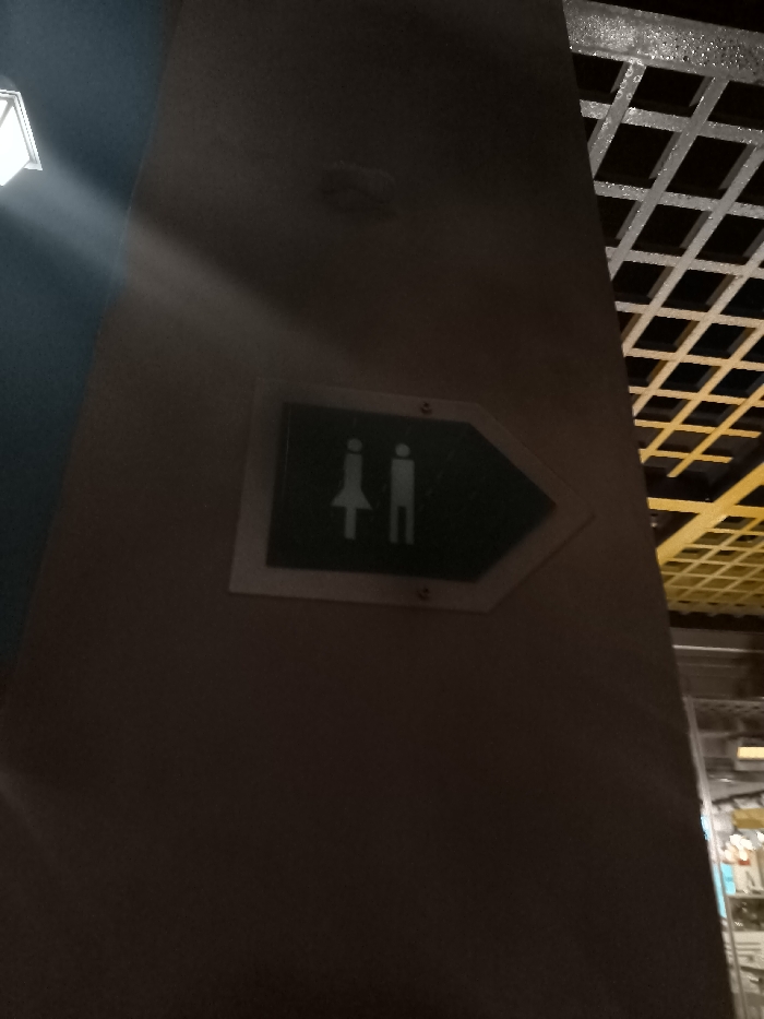 The image captures an indoor scene, likely within a public building in Palaio Faliro, Greece, characterized by modern architecture and directional signage. The central object is a rectangular restroom sign, dark green with a light border, mounted on a light brown column or wall. The sign features white pictograms of a female figure on the left and a male figure on the right, accompanied by a white arrow pointing towards the right, indicating the direction to the restrooms.
A bright, rectangular light source, possibly a window or a concealed fixture, is visible in the upper left corner, casting a distinct beam of artificial light diagonally downwards across the upper left quadrant of the frame. In the upper right section, a structured ceiling or decorative panel is visible, featuring a geometric grid pattern with dark, recessed squares and lighter, intersecting lines. Below this, on the far right, there are faint indications of other interior elements, possibly shelving or displays, in a more brightly lit area.
The overall lighting is somewhat dim, with the artificial light beam and the distant bright area providing contrast. No people are present, and no specific activity is occurring, other than the implicit guidance offered by the restroom sign. The setting suggests a functional public space such as a shopping mall, office building, or similar facility. There is no visible text, only symbolic pictograms and an arrow.