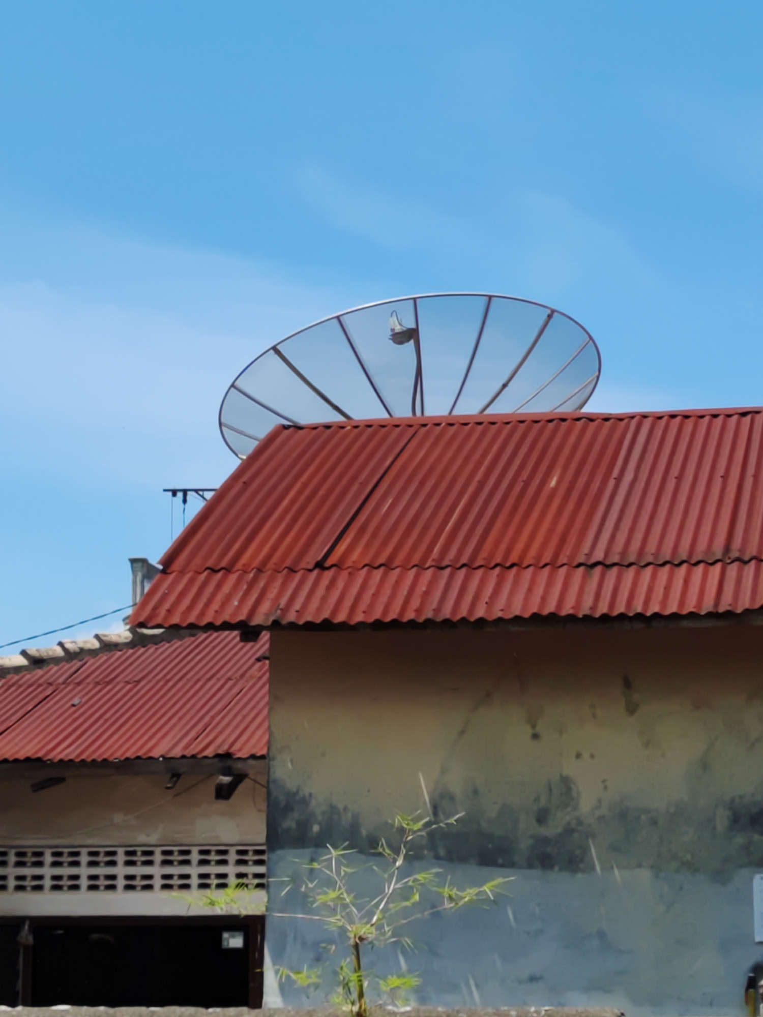 This close-up, eye-level shot captures a satellite dish towering over the corrugated red metal roofs of buildings in Lhokseumawe, Indonesia, under a clear blue sky. The large, silver-grey mesh satellite dish dominates the upper part of the image, angled upwards towards the sky. Its structure, with supporting beams, is clearly visible.
Below the satellite dish, the main focus is on the vibrant red corrugated metal roof of a building, stretching across the middle of the frame. To the left, a second, slightly lower roof, also made of red corrugated metal, is partially visible, appearing weathered with some discoloration. A section of a light-colored wall with white vent blocks runs below this lower roof, and a dark, open area, possibly a doorway or garage, is beneath it.
The prominent building on the right features a distressed, light-colored wall with significant dark grey and blue-toned staining and discoloration, suggesting age and exposure to the elements. A small, sparse plant with thin green leaves grows in the foreground, obscuring the lower part of this wall.
The scene depicts a bright, sunny daytime setting, with no human activity. The clear sky suggests good weather. No discernible text is visible in the image.