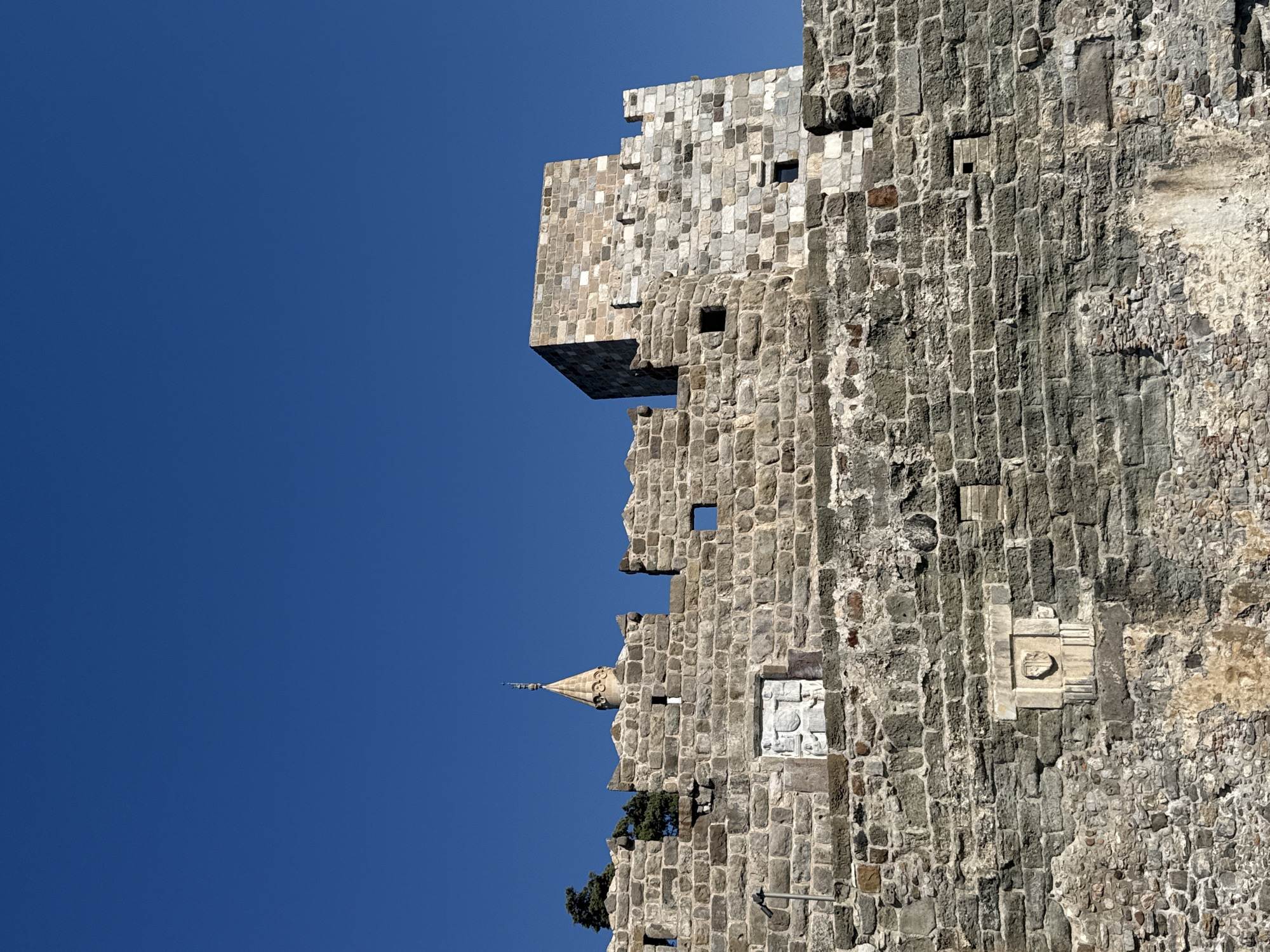 This is a low-angle, vertical, full shot of a portion of the Bodrum Castle walls against a clear, deep blue sky. The castle, constructed from rough-hewn grey and tan stone blocks, rises prominently from the lower portion of the frame, filling the majority of the image. The wall exhibits a crenellated parapet, with battlements casting shadows. Various openings, some square and small, punctuate the stone structure, serving as embrasures or windows.
Several decorative stone reliefs are embedded in the wall. In the mid-section, a larger, lighter-colored relief depicts a scene with figures and possibly heraldry. Below this, lower down on the wall, is a smaller, crest-like relief with decorative elements. A slender, conical tower topped with a finial rises above the battlements in the left-center of the frame, its architectural style suggesting a historical or religious structure. To the far left, a small cluster of dark green trees with spiky foliage are visible peeking over the castle wall. The texture of the stone is rough and aged, with visible mortar lines and some areas of erosion and patching, indicating its historical significance and longevity. The lighting suggests a bright, sunny day, with strong shadows defining the contours of the stone work.