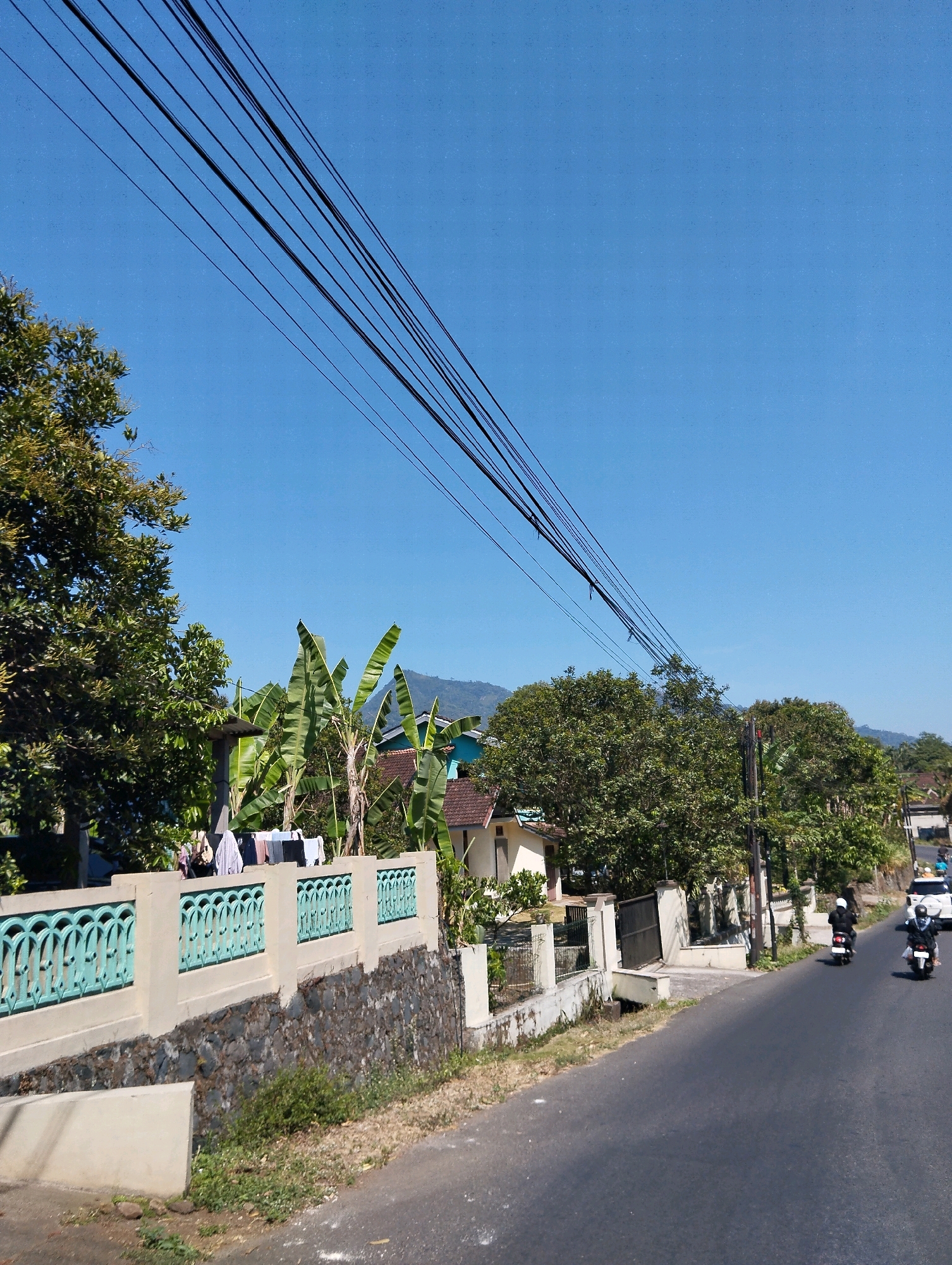 The image captures a street scene in Kalibeji, Indonesia, under a clear blue sky. Several black electrical wires stretch diagonally across the upper portion of the frame. On the left, a large tree with dense green foliage stands next to a wall topped with a decorative light green railing. Behind the wall, laundry hangs on a clothesline, with clothes visible on hangers. Banana trees with large green leaves are also present. In the background, houses with brown and light-colored roofs are nestled amongst lush green trees and vegetation. A road runs from the lower right to the middle left of the image. Two motorcycles with riders are traveling on the road, one in the foreground and another further back. A white car is also visible on the road in the distance. The environment appears to be a rural or semi-urban area with abundant greenery.