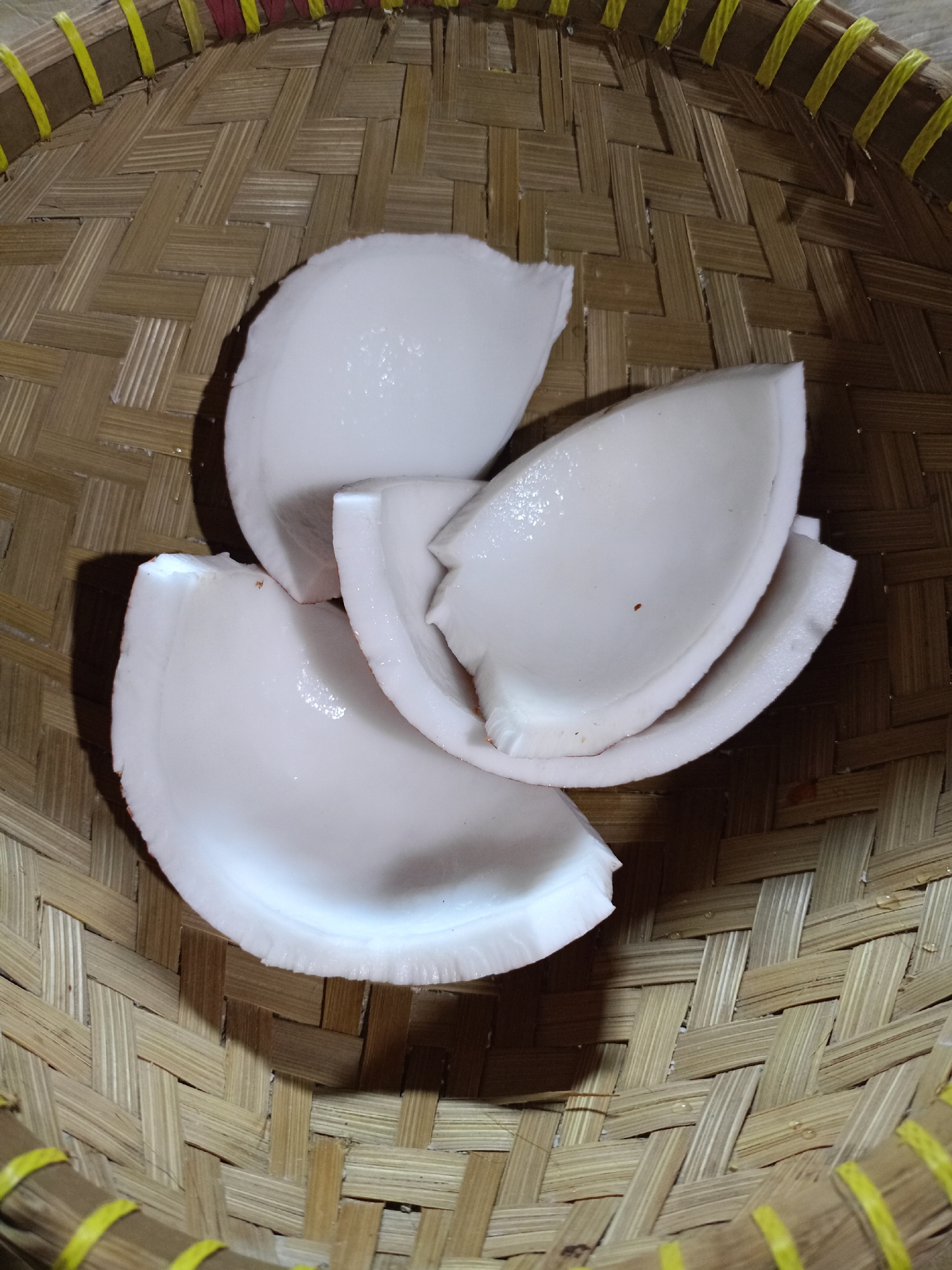 A close-up, overhead shot captures several white pieces of coconut meat artfully arranged within a woven bamboo basket. The basket's intricate pattern, with its alternating light and dark brown strips, forms a textured background. Yellow and red woven accents are visible along the basket's rim. The coconut pieces, with their smooth, curved surfaces, are the central focus, casting soft shadows onto the basket. A few tiny water droplets are visible on the coconut and the basket, suggesting the coconut is fresh. The image is well-lit, with the light source positioned above and slightly to the right, highlighting the texture and sheen of the coconut. This scene is likely from Jelbuk, Indonesia, a region known for its coconut production.