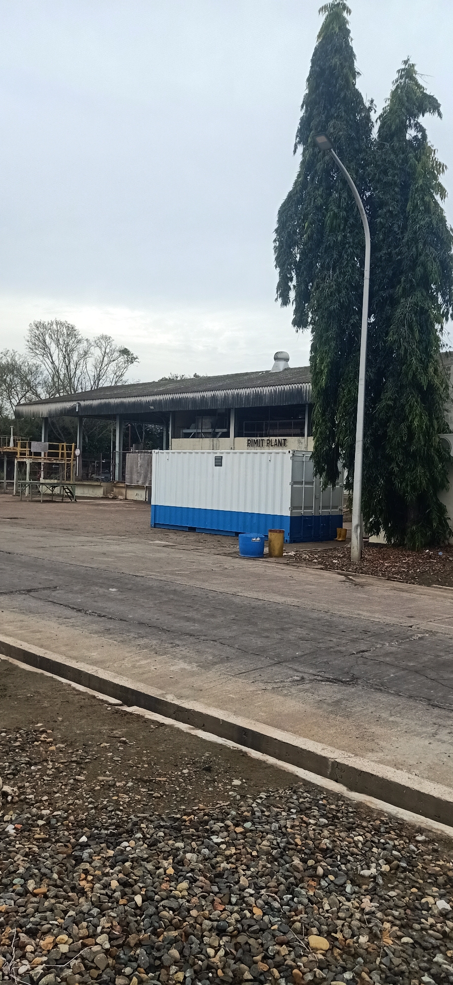 The image depicts an outdoor industrial area under an overcast sky. In the foreground, a cracked asphalt road transitions to a gravelly area with a concrete curb and drainage ditch. Behind the road, a white shipping container with a blue base is positioned horizontally. The container has "PIMIT PLANT" stenciled in black letters on its side. To the left of the container, an industrial building with a long, corrugated roof supported by metal beams is visible, with some scaffolding and equipment in front of it. Two tall trees with dense foliage stand to the right of the container, and a modern street lamp with an LED fixture is located between them. The overall scene suggests an operational but somewhat aged industrial facility. There are no people visible in the image. The location is identified as Palohlada, Indonesia.