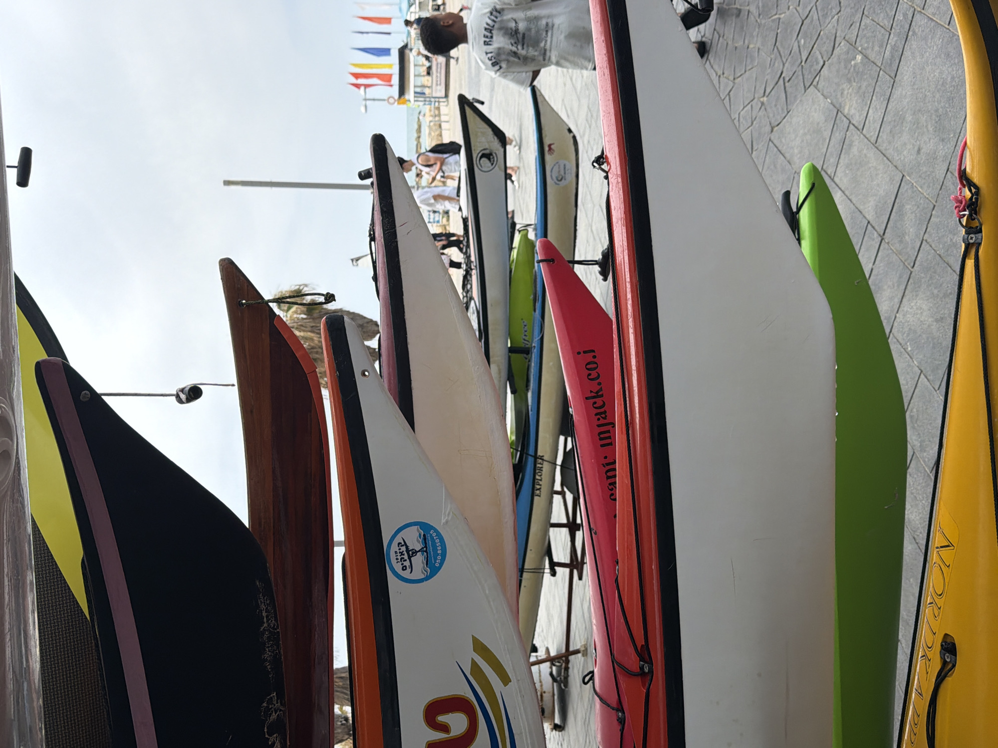 The image shows a collection of surfboards and kayaks lined up at a rental facility, likely near the beach in Tel-Aviv, Israel. The boards vary in color and style, with some bearing logos and branding. In the background, a partially visible beach scene includes people and colorful flags. The boards are stored against a paved area.
